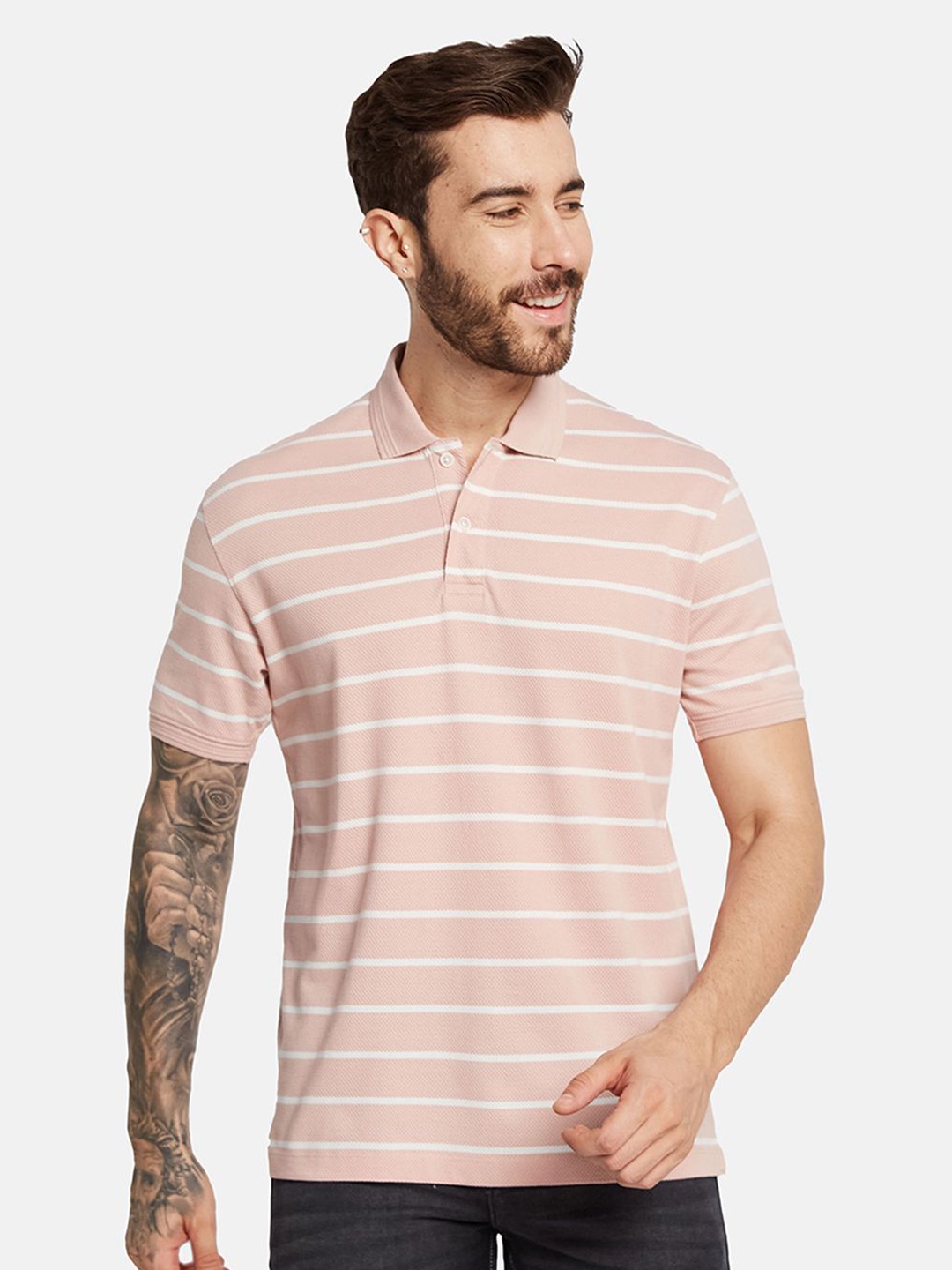 

Octave Men Striped Polo Collar T-shirt, Pink