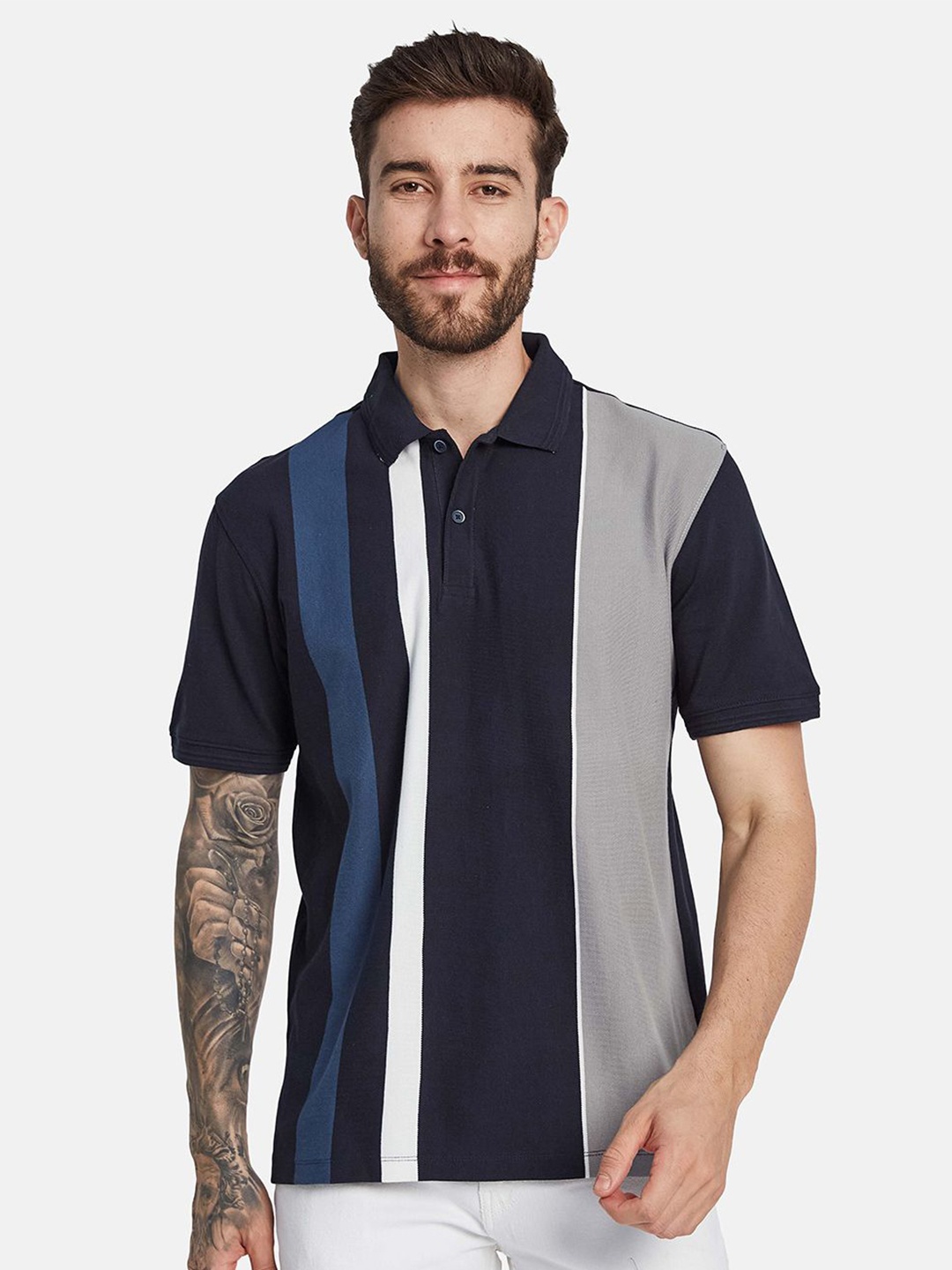 

Octave Men Striped Polo Collar T-shirt, Navy blue