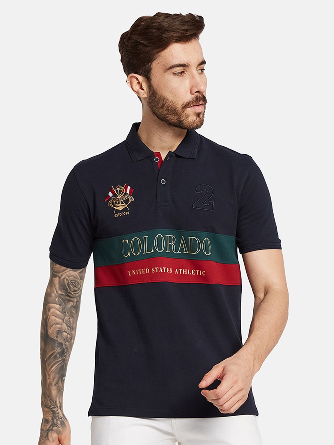 Octave Men Typography Printed Polo Collar T-shirt, Navy blue