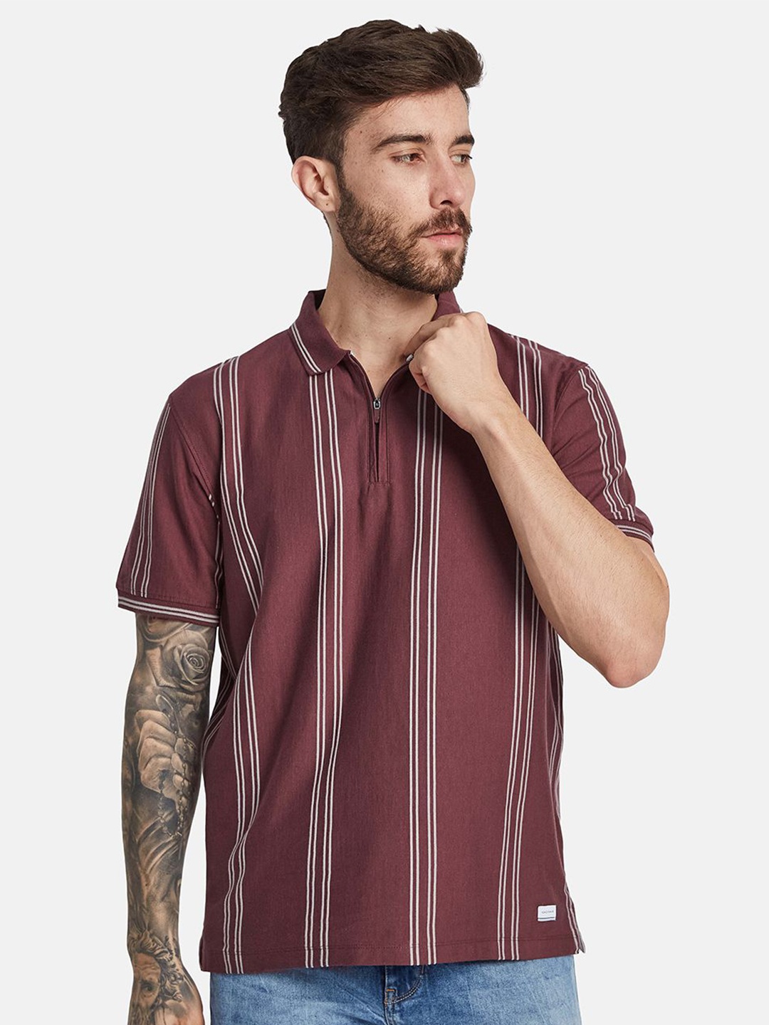 

Octave Men Striped Polo Collar T-shirt, Maroon