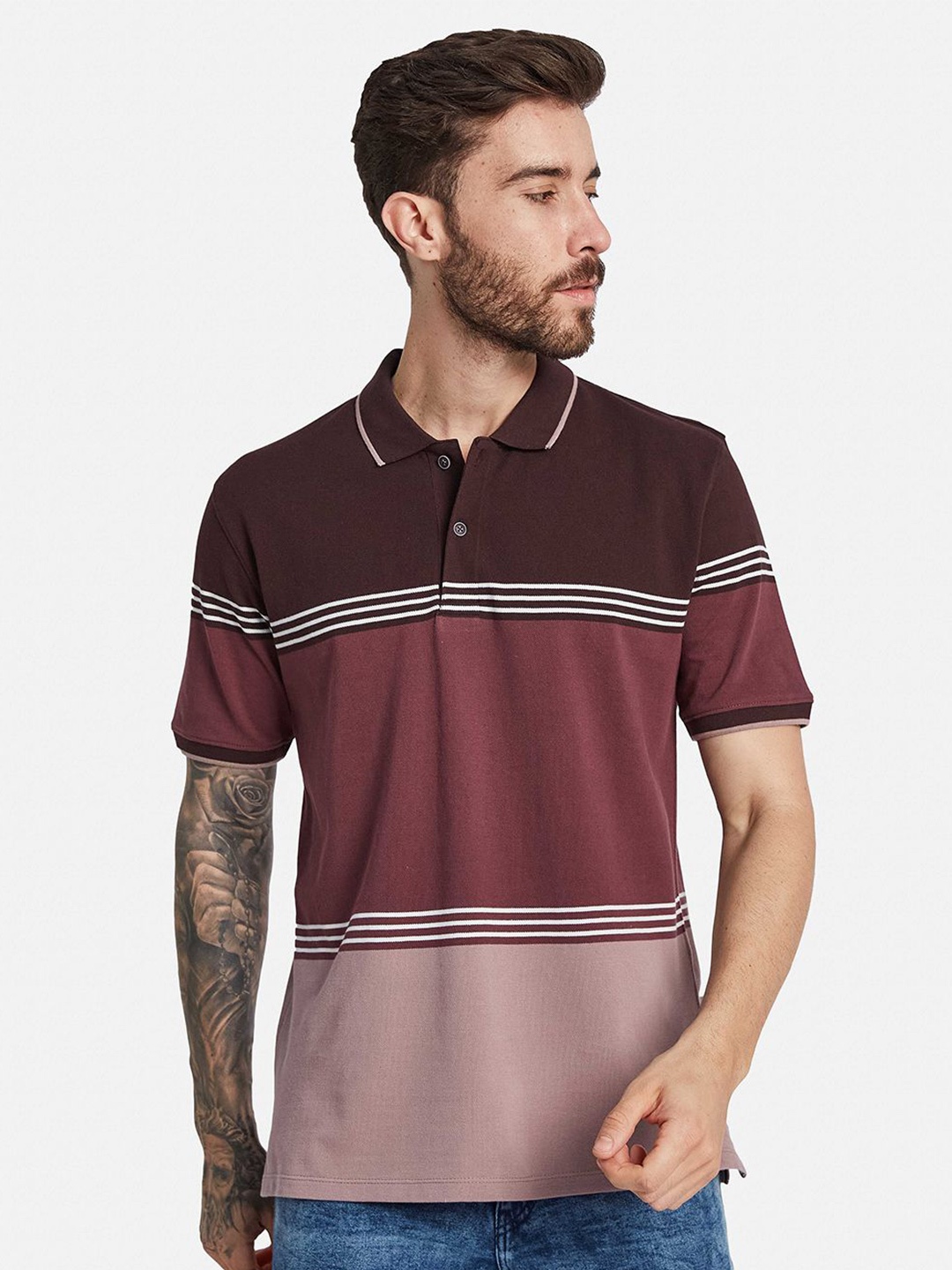 

Octave Men Colourblocked Polo Collar T-shirt, Brown
