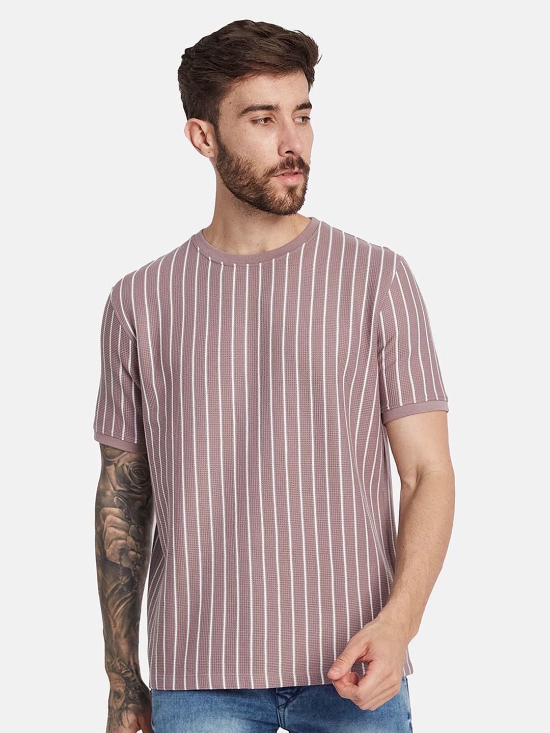 

Octave Men Striped Round Neck T-shirt, Coral
