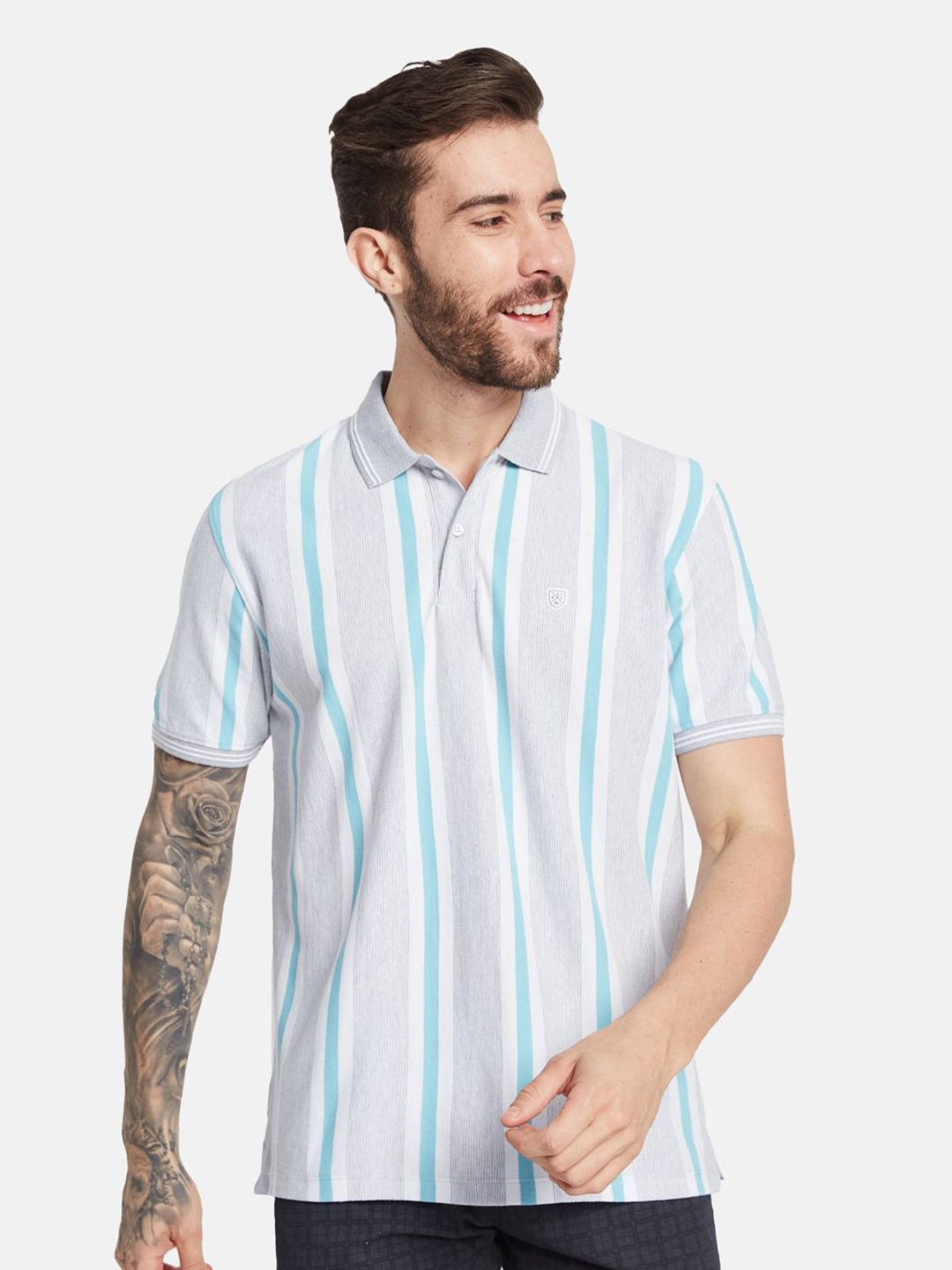 

Octave Men Striped Polo Collar T-shirt, Grey