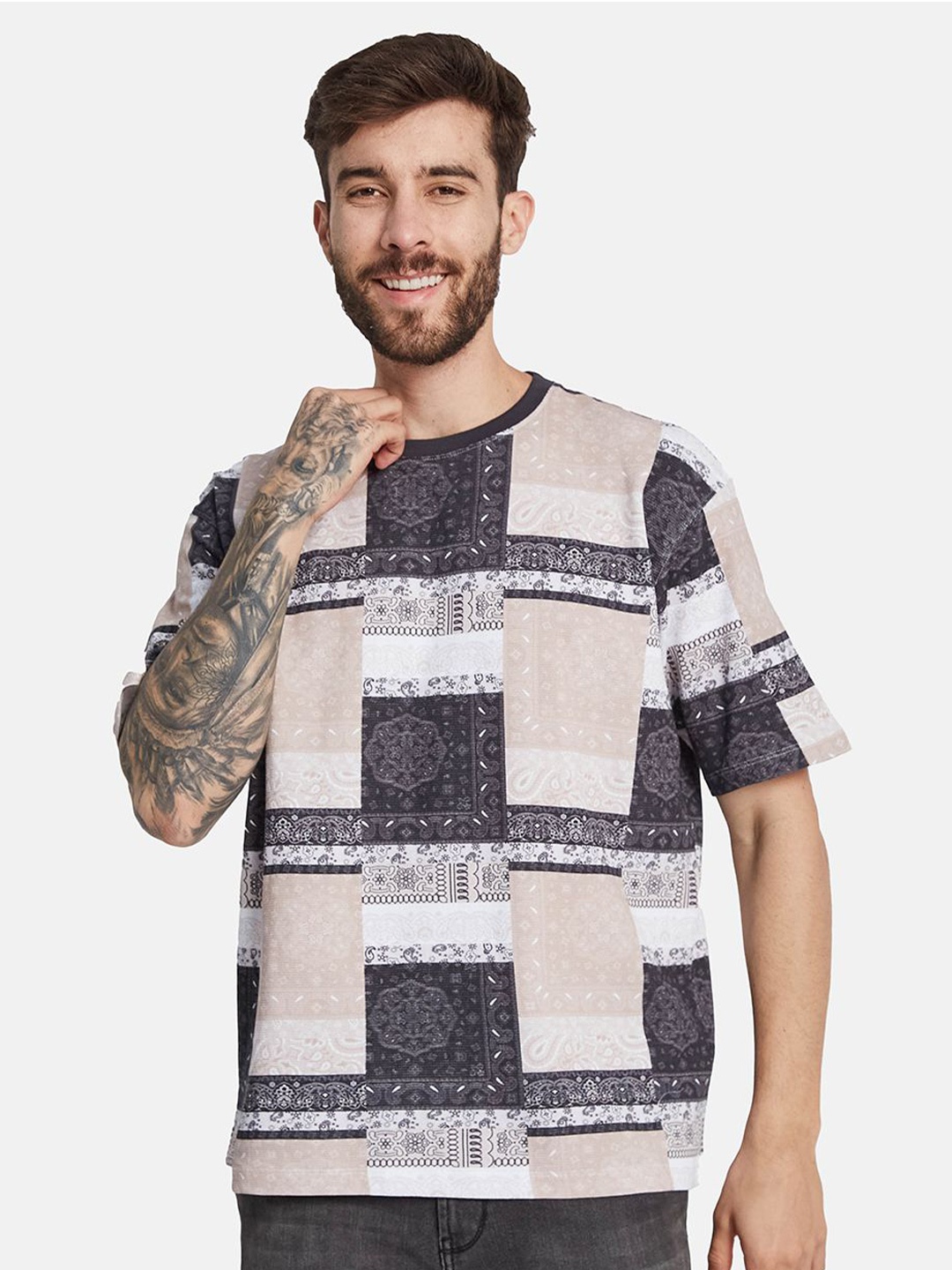 

Octave Men Ethnic Printed Round Neck Oversized T-shirt, Cream