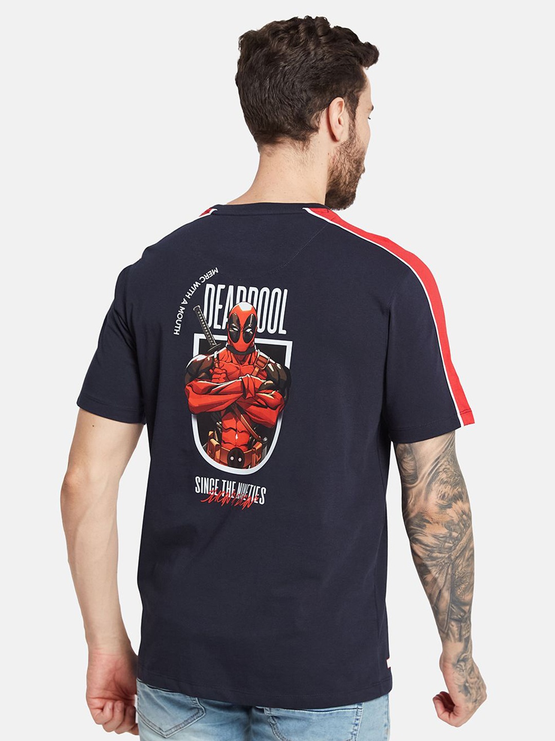 

Octave Men Deadpool Graphic Printed Round Neck T-shirt, Navy blue