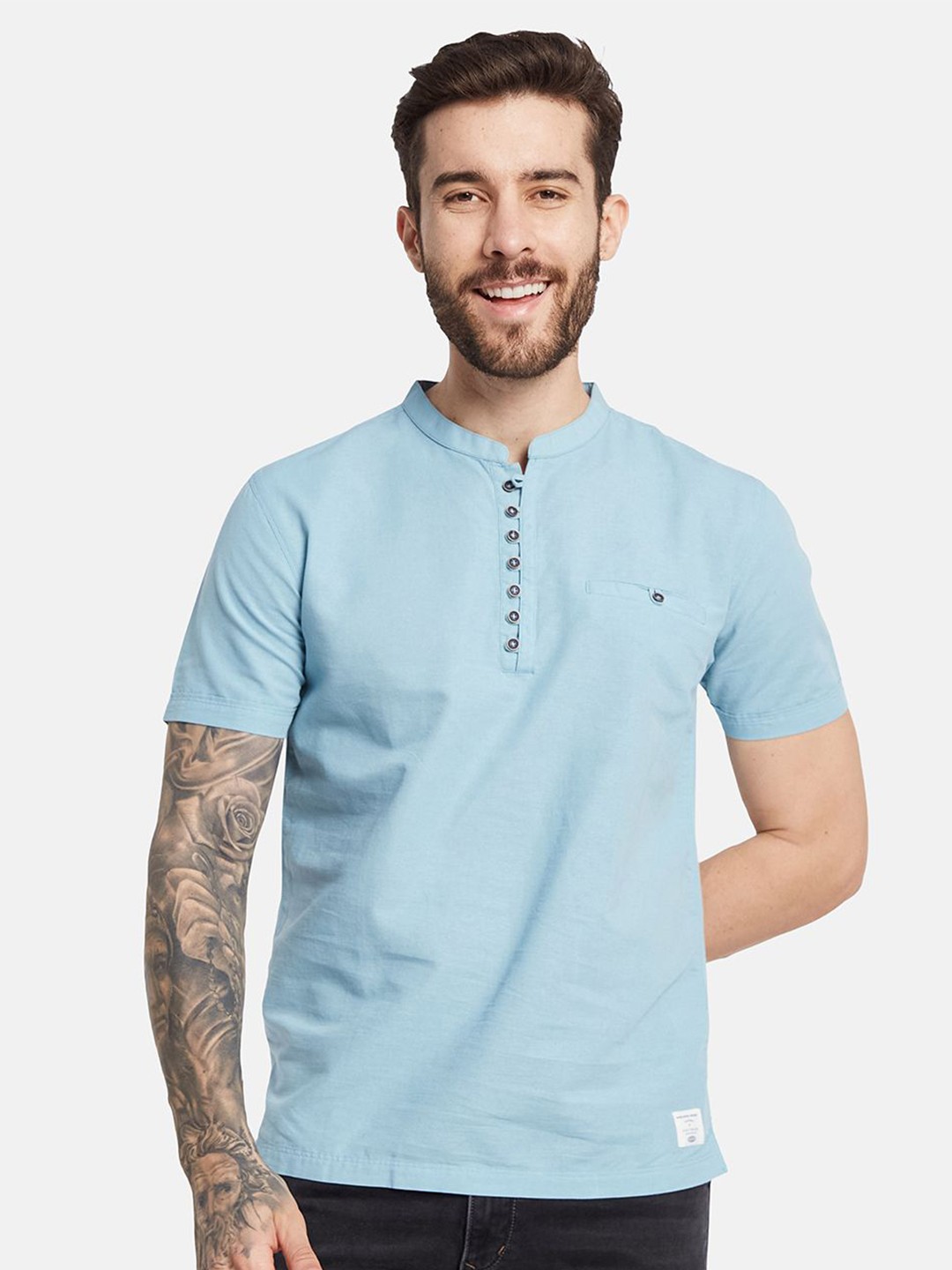

Octave Men Solid Mandarin Collar Pockets T-shirt, Blue