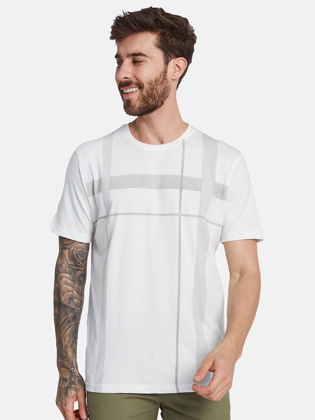 

Octave Men Striped Round Neck T-shirt, White