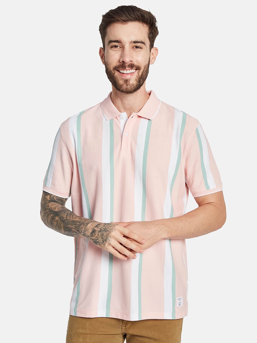 

Octave Men Striped Polo Collar T-shirt, Pink