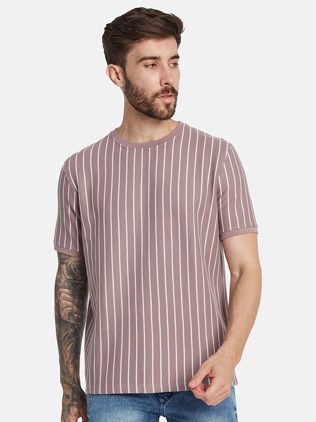 

Octave Men Striped Round Neck T-shirt, Coral