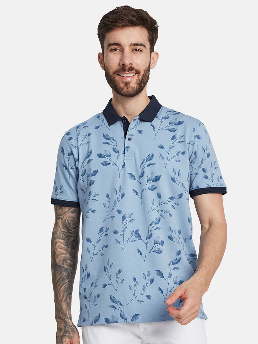 

Octave Men Tropical Printed Polo Collar T-shirt, Blue