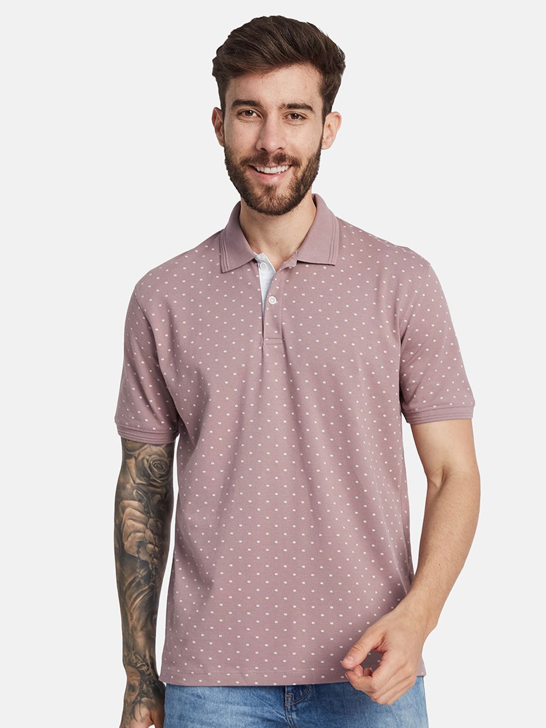

Octave Men Polka Dot Printed Polo Collar T-shirt, Coral