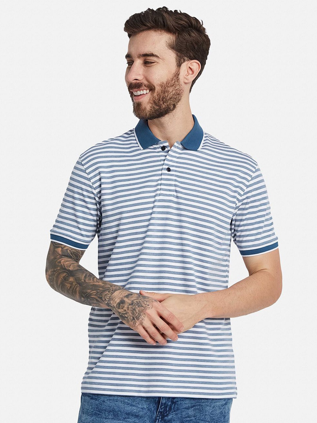 

Octave Men Striped Polo Collar T-shirt, Blue