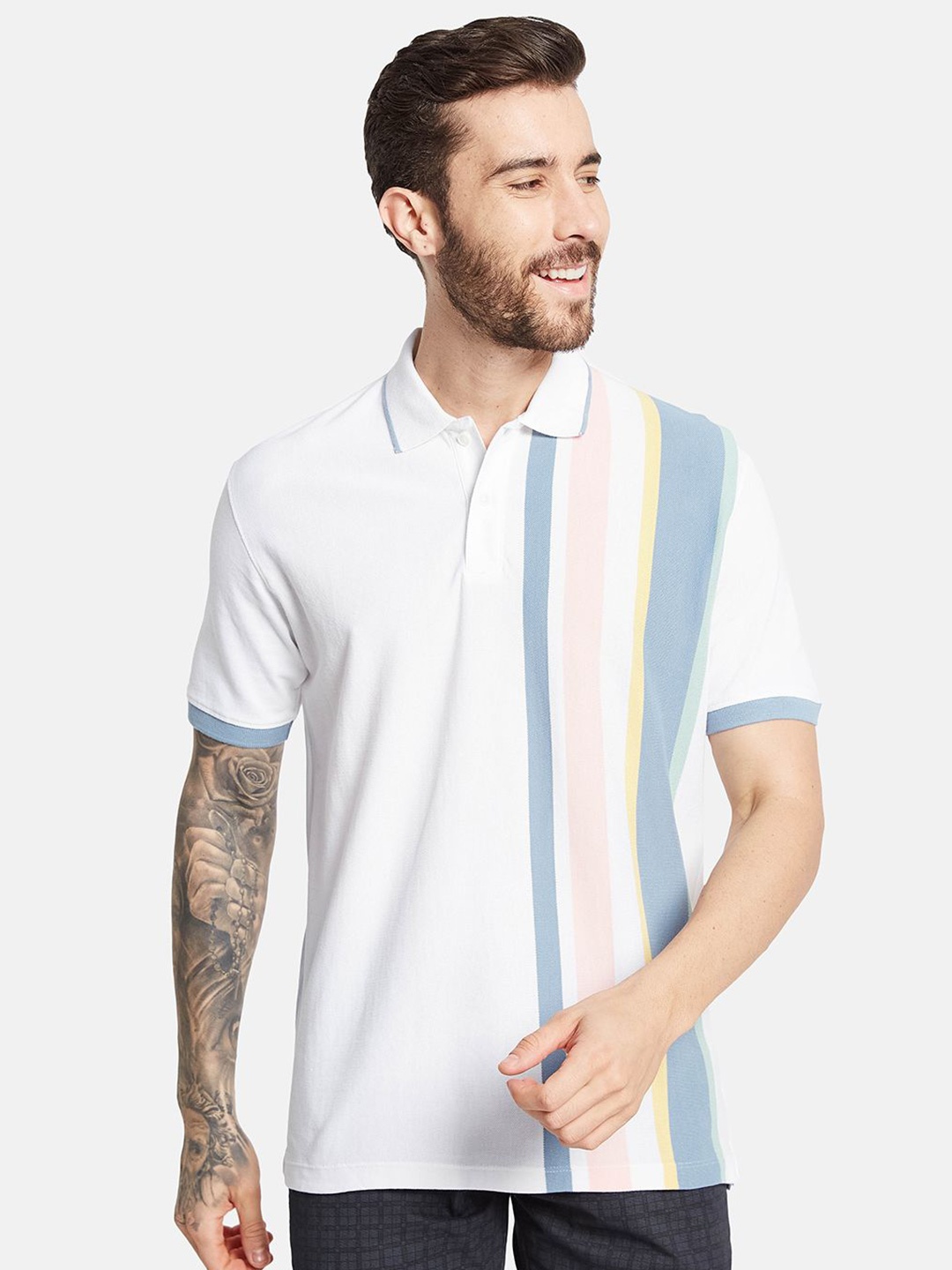 

Octave Men Striped Polo Collar T-shirt, White