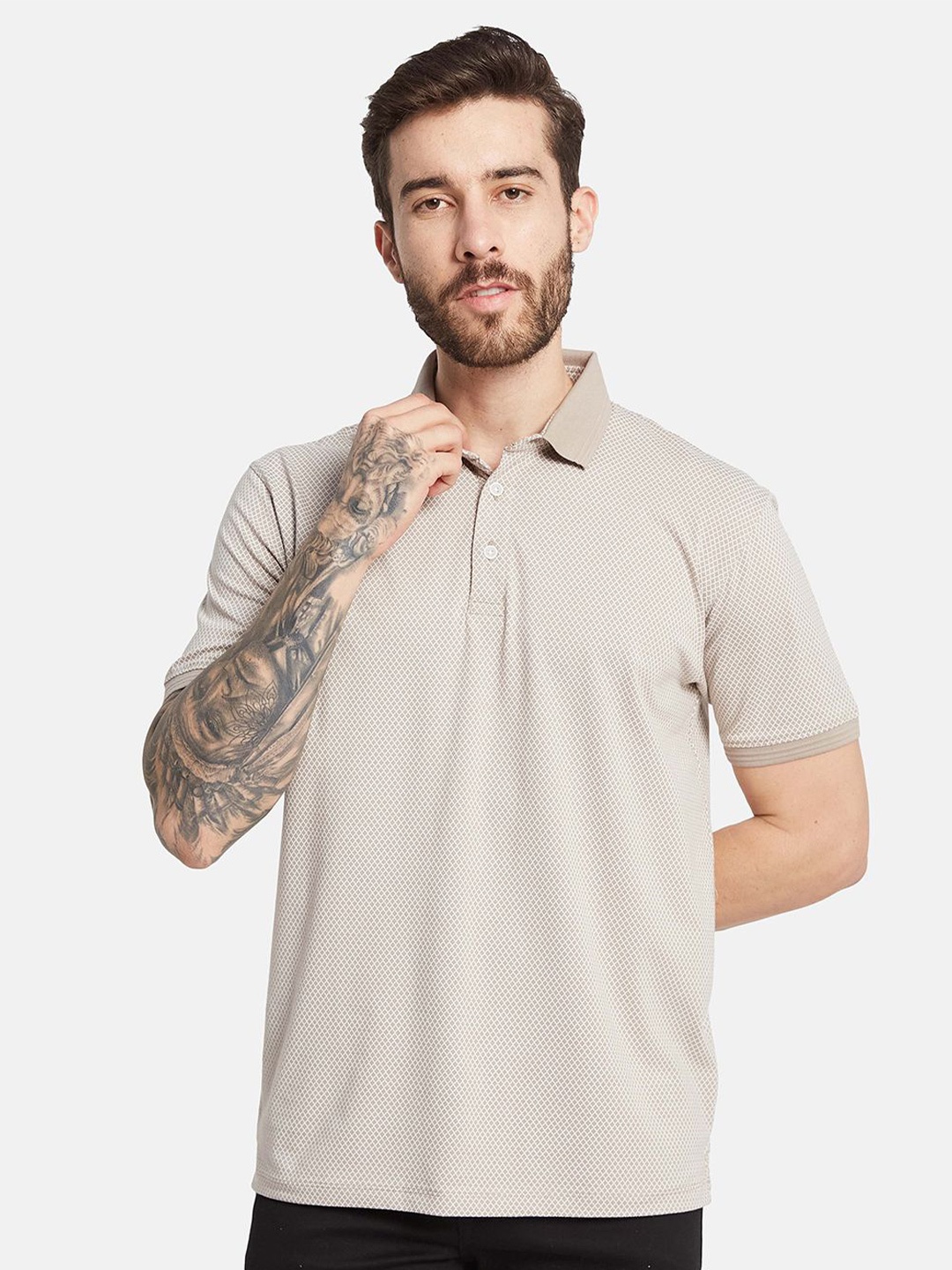 

Octave Men Printed Polo Collar T-shirt, Cream