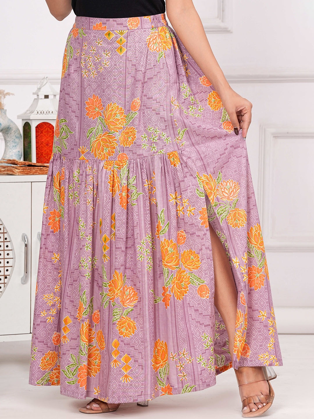 

Shikhaa Style Printed Pure Cotton A-Line Maxi Skirt, Peach