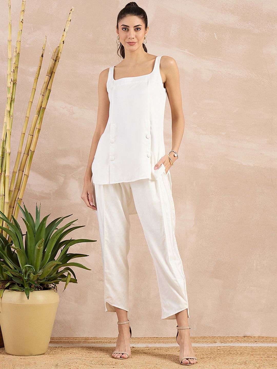 

First Resort by Ramola Bachchan Square Neck Sleeveless Organic Cotton Top With Trouser, Off white