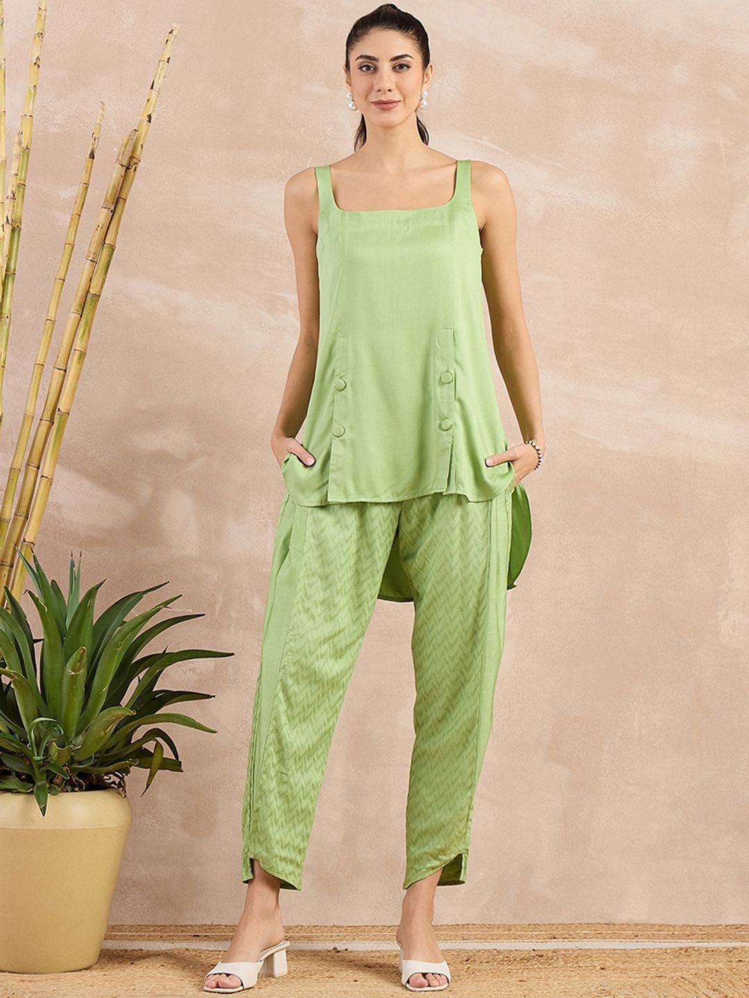 

First Resort by Ramola Bachchan Square Neck Sleeveless Organic Cotton Top With Trouser, Green