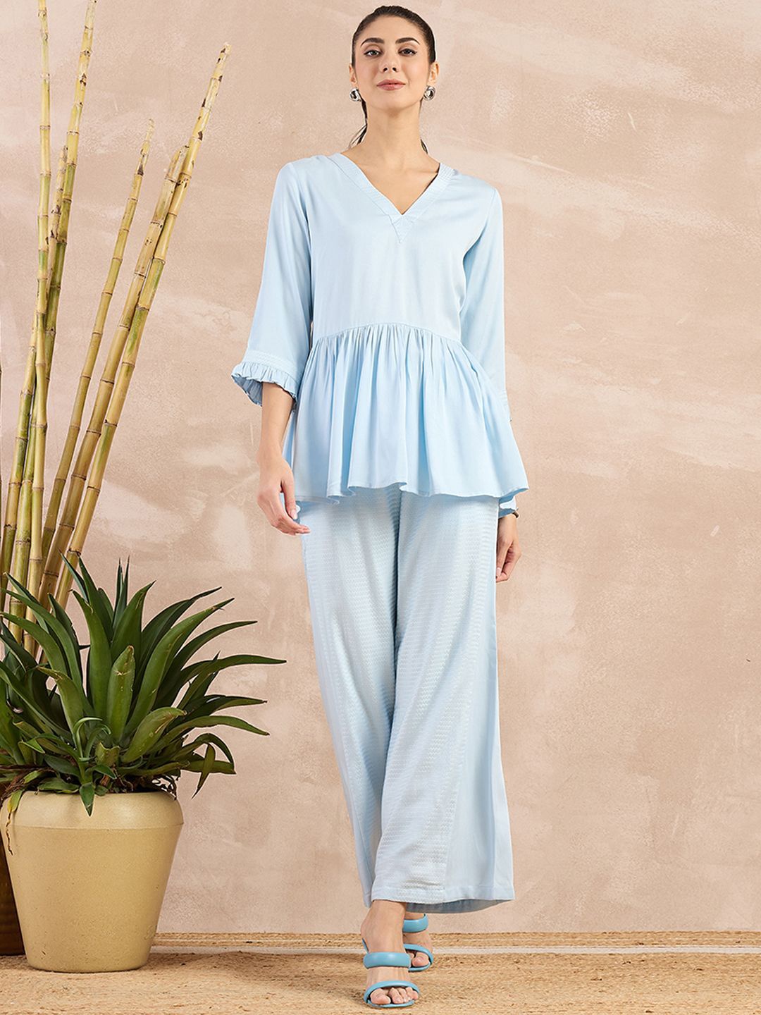 

First Resort by Ramola Bachchan V-Neck Organic Cotton Top With Trousers, Blue