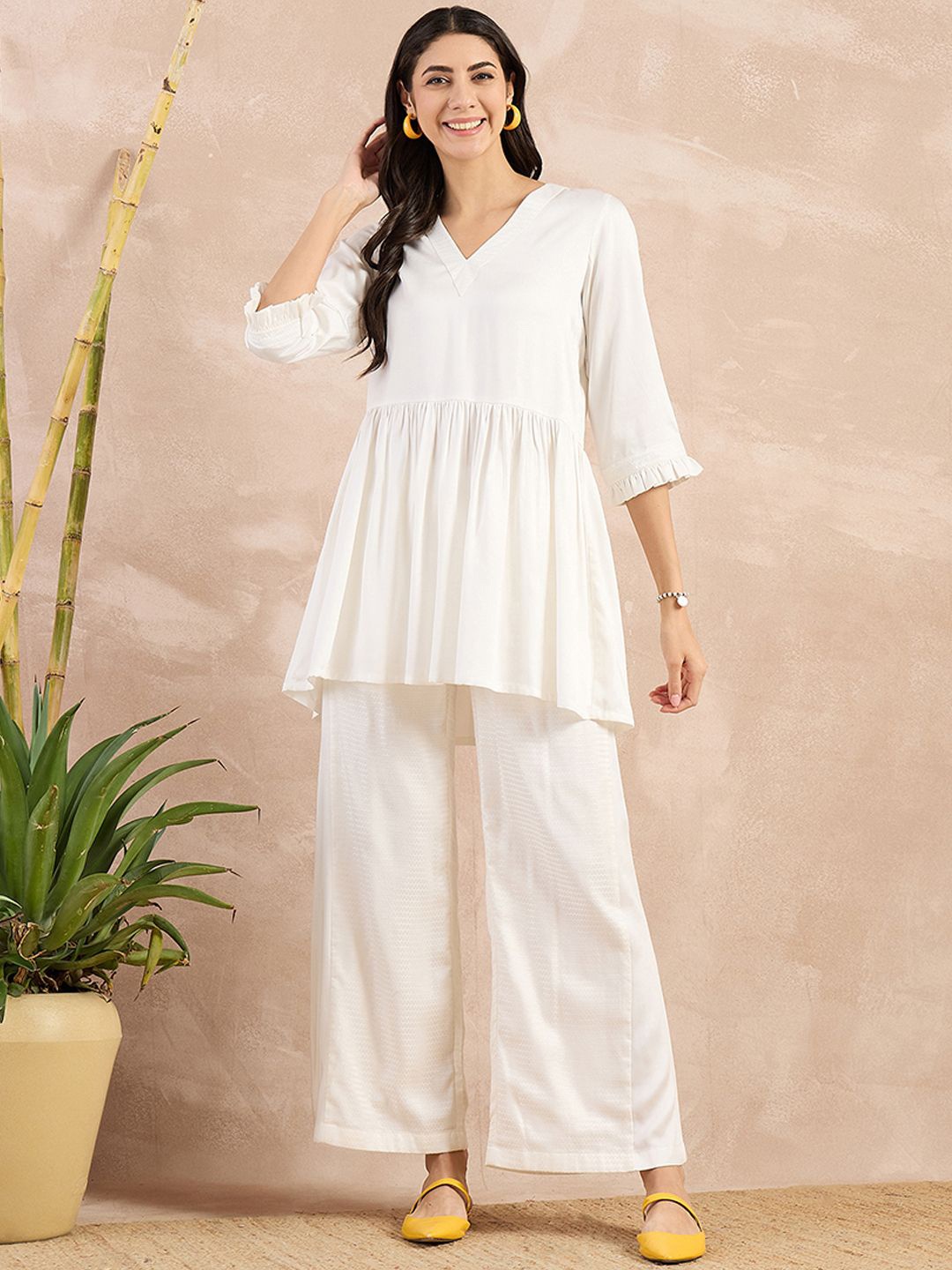 

First Resort by Ramola Bachchan Self Design V-Neck Peplum Top & Trouser, Off white