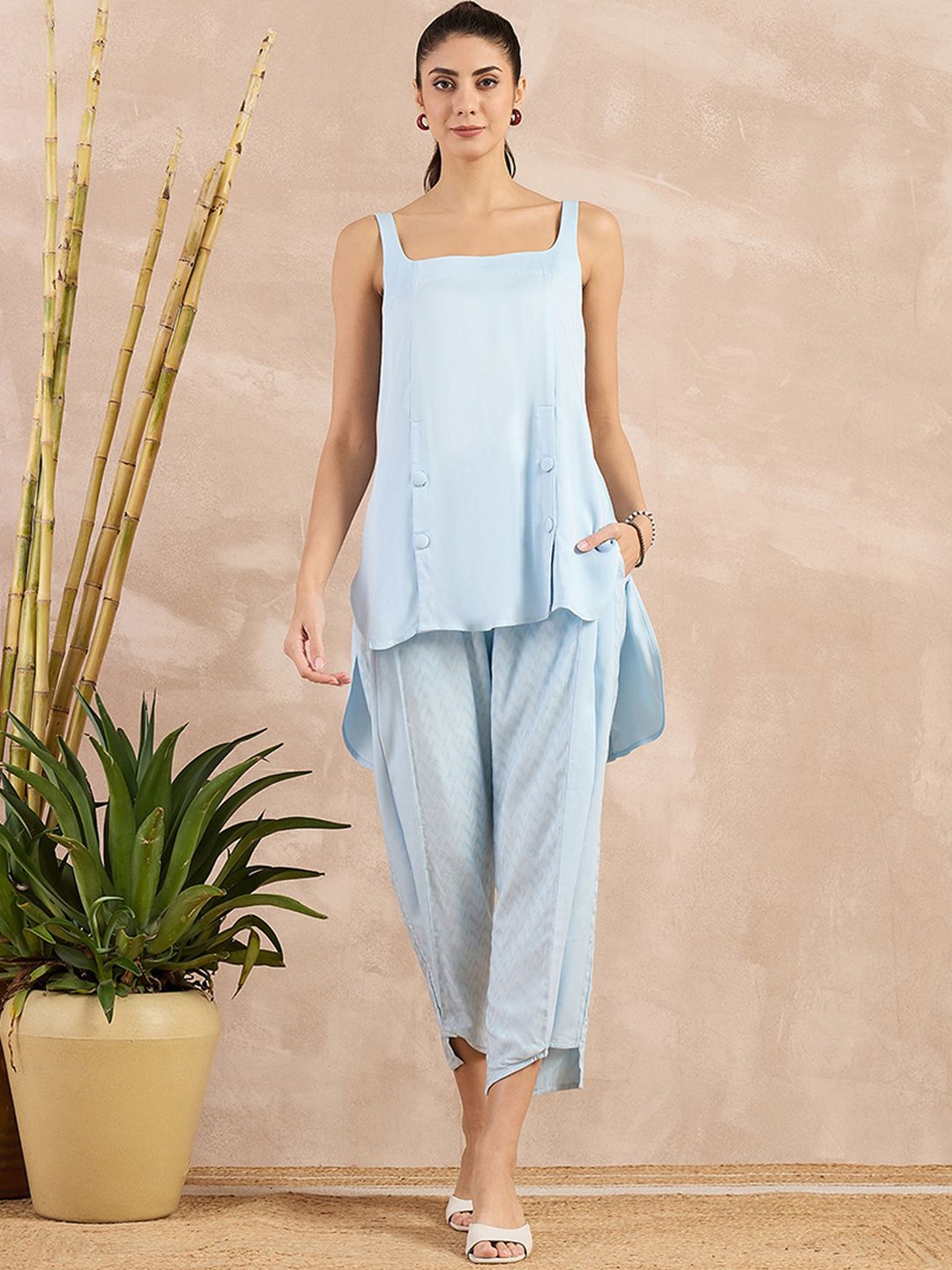 

First Resort by Ramola Bachchan Square Neck Organic Cotton Top With Trouser, Blue