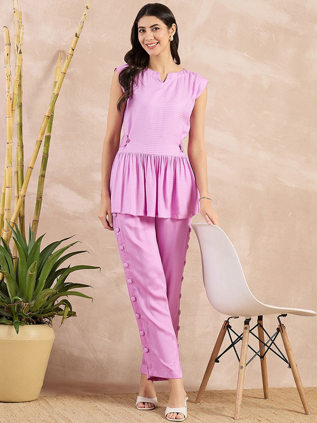 

First Resort by Ramola Bachchan Self Design Organic Cotton Top & Trouser, Purple