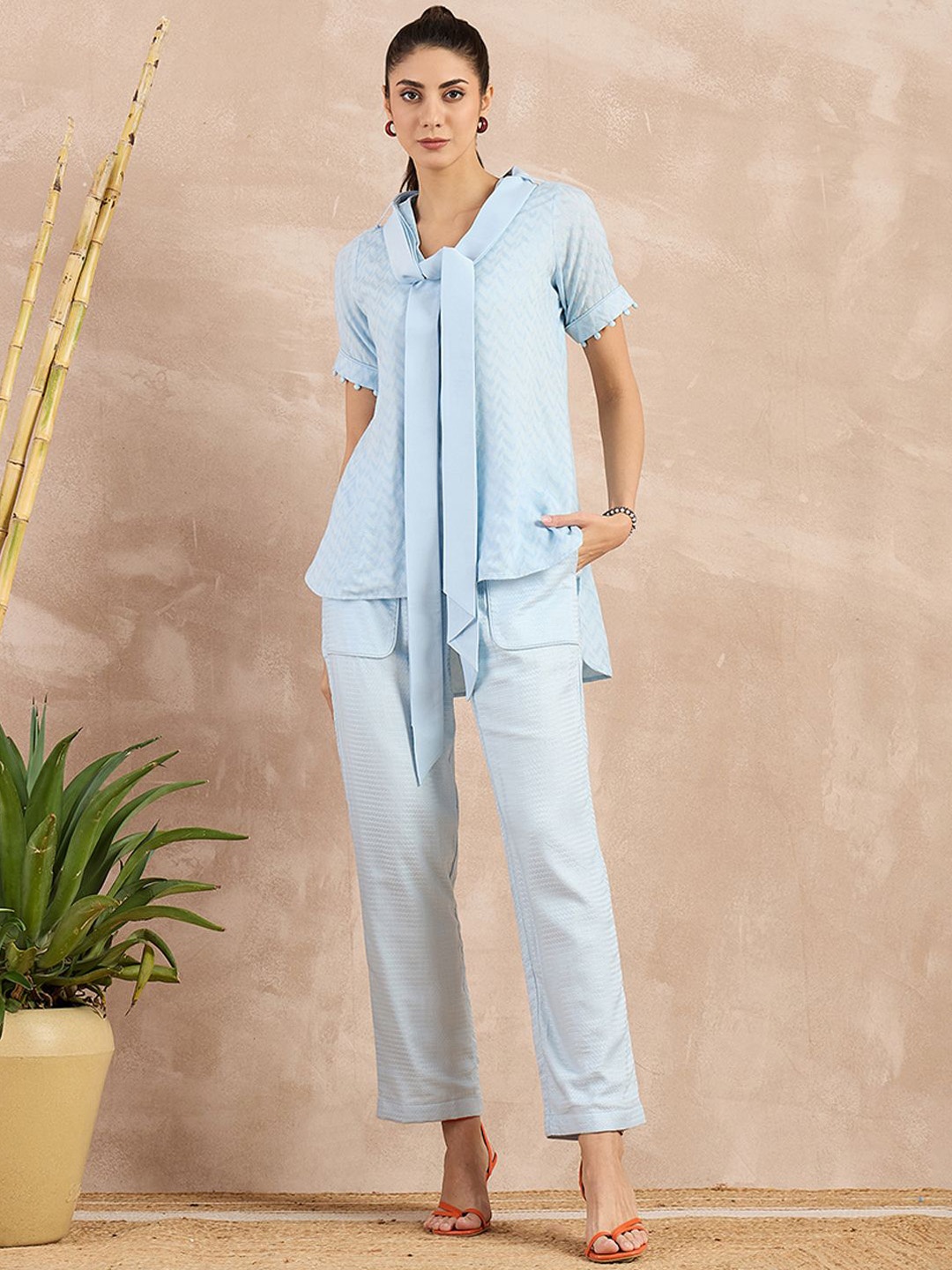 

First Resort by Ramola Bachchan Self Design Organic Cotton Top With Trouser, Blue