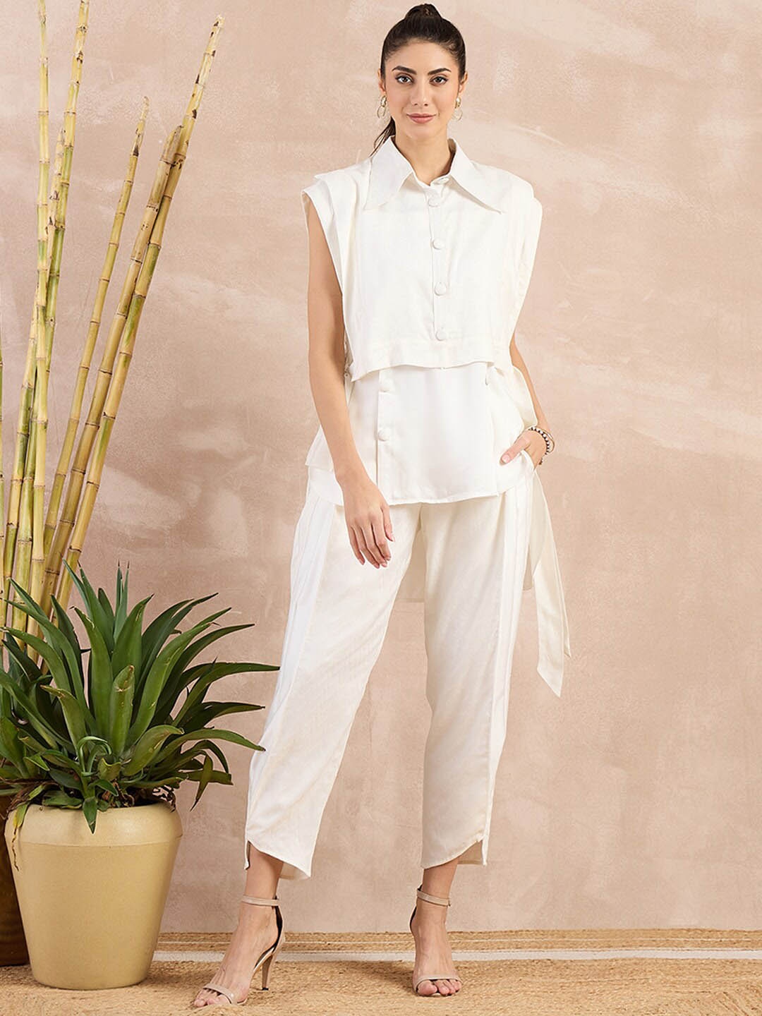 

First Resort by Ramola Bachchan Organic Cotton Top With Herringbone Bib & Trouser, Off white