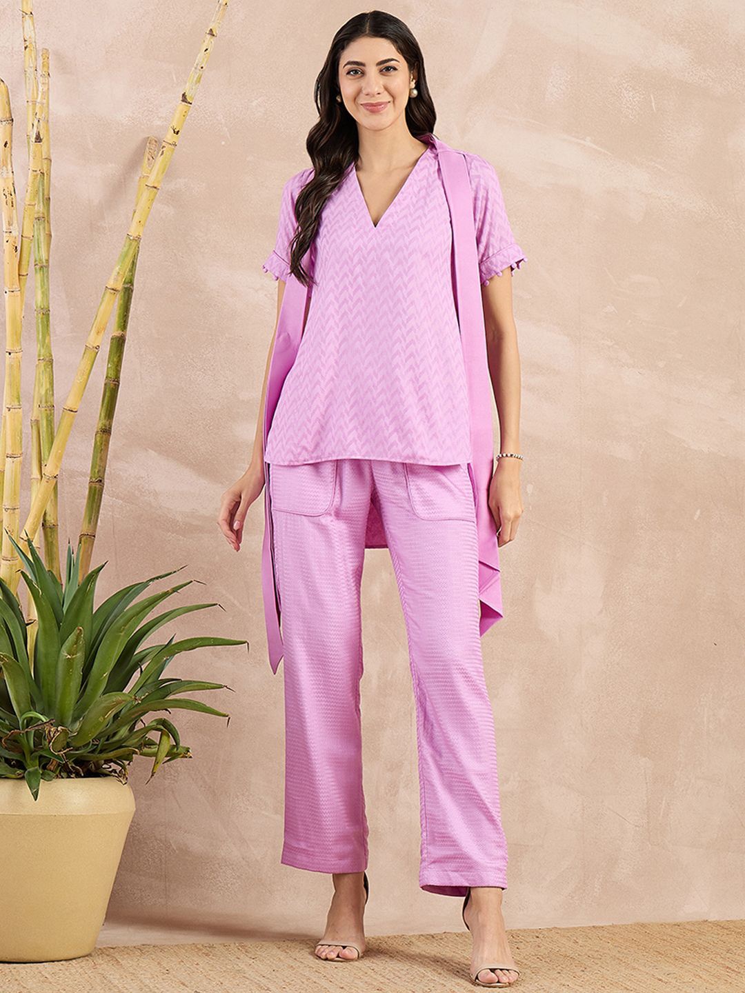 

First Resort by Ramola Bachchan Self Design Organic Cotton Top With Belt & Trouser, Purple