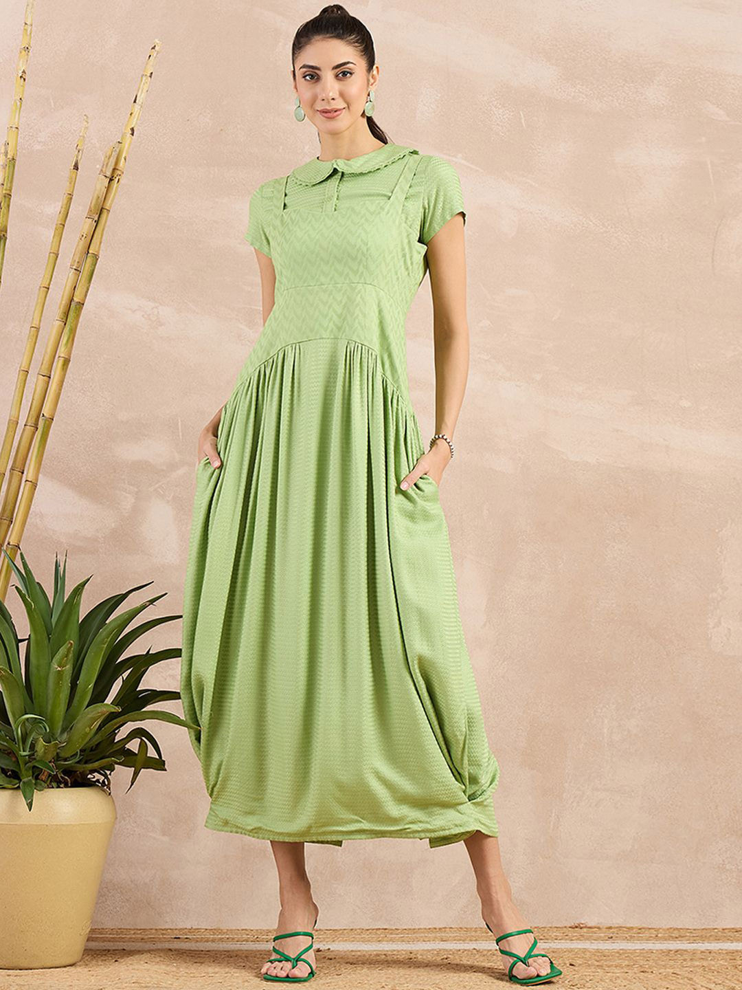 

First Resort by Ramola Bachchan Self Design Organic Cotton Fit and Flare Midi Dress, Green