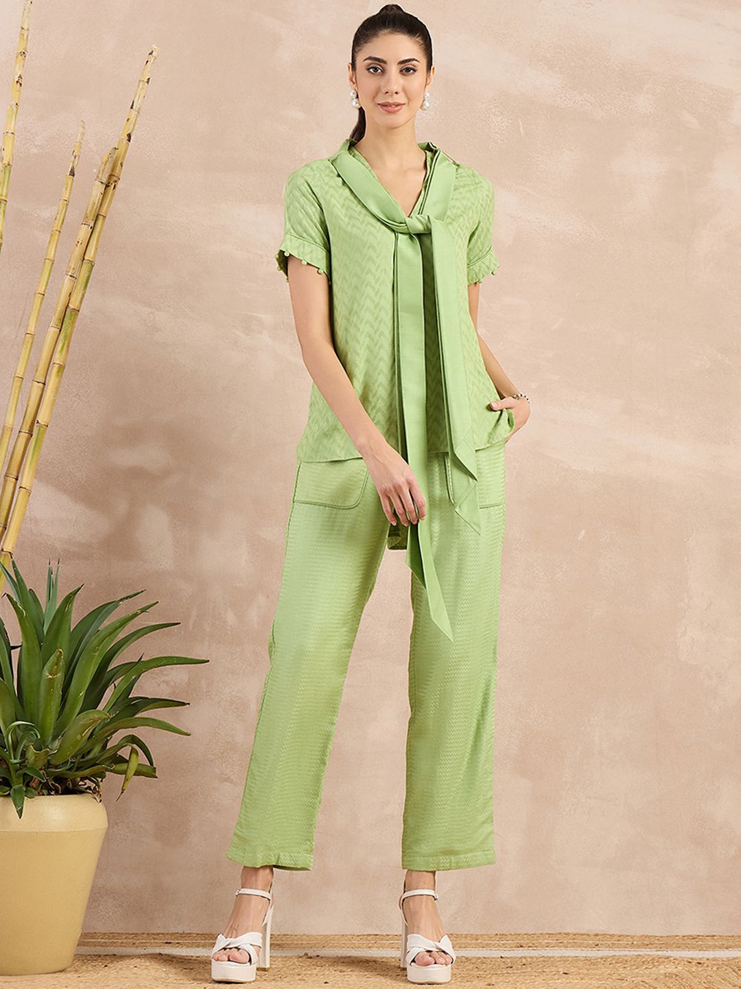 

First Resort by Ramola Bachchan Self Design Organic Cotton Top With Trouser, Green