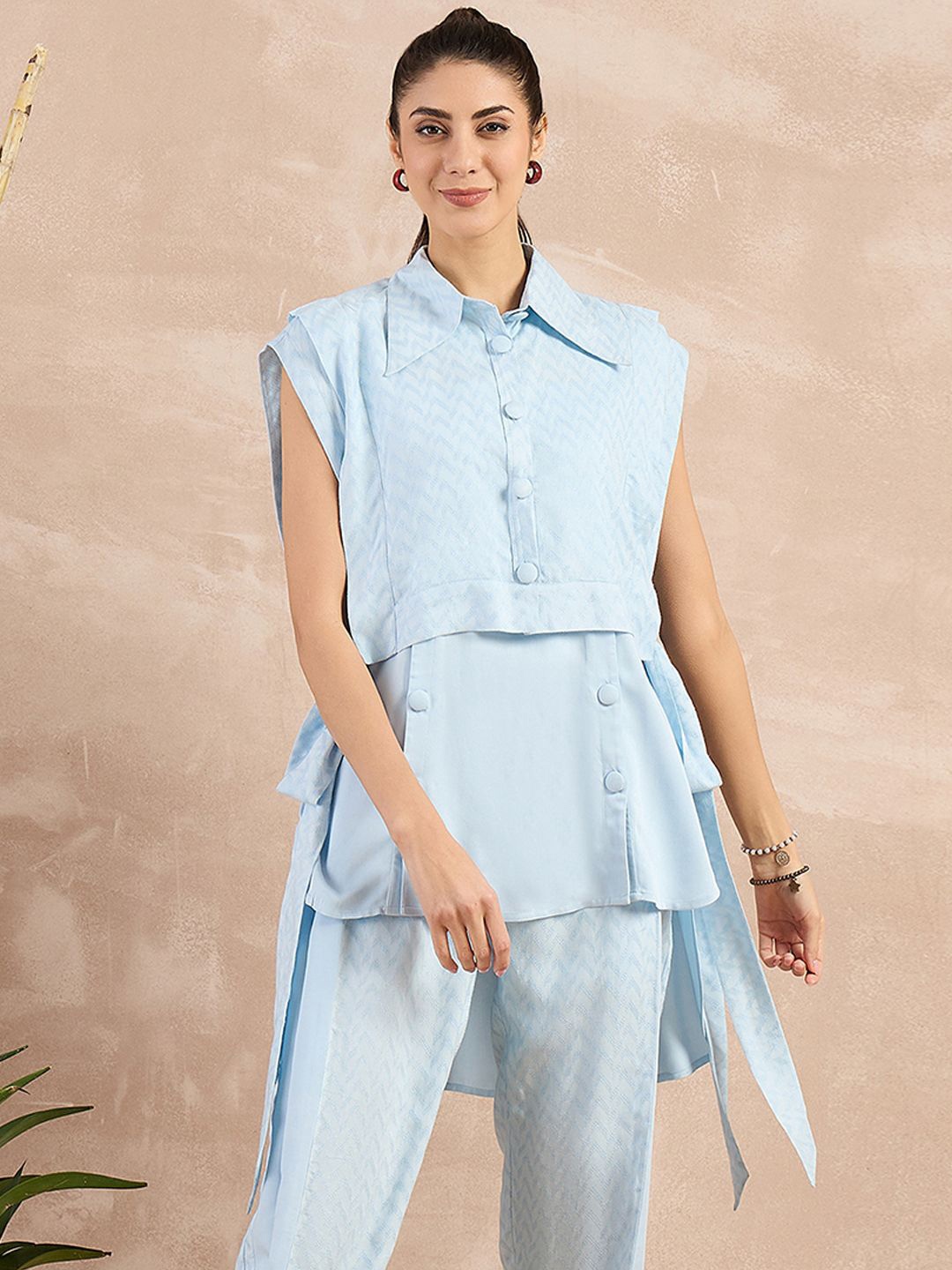 First Resort by Ramola Bachchan Self Design Herringbone Cotton Bib Cover-Up Crop Shrug, Blue