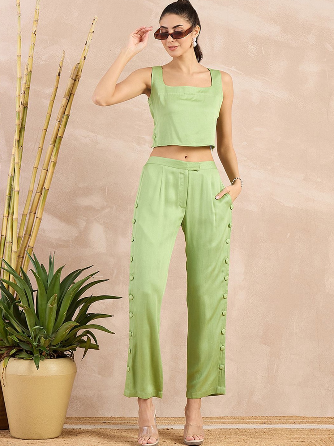 

First Resort by Ramola Bachchan Buttoned Camisole Crop Top, Green