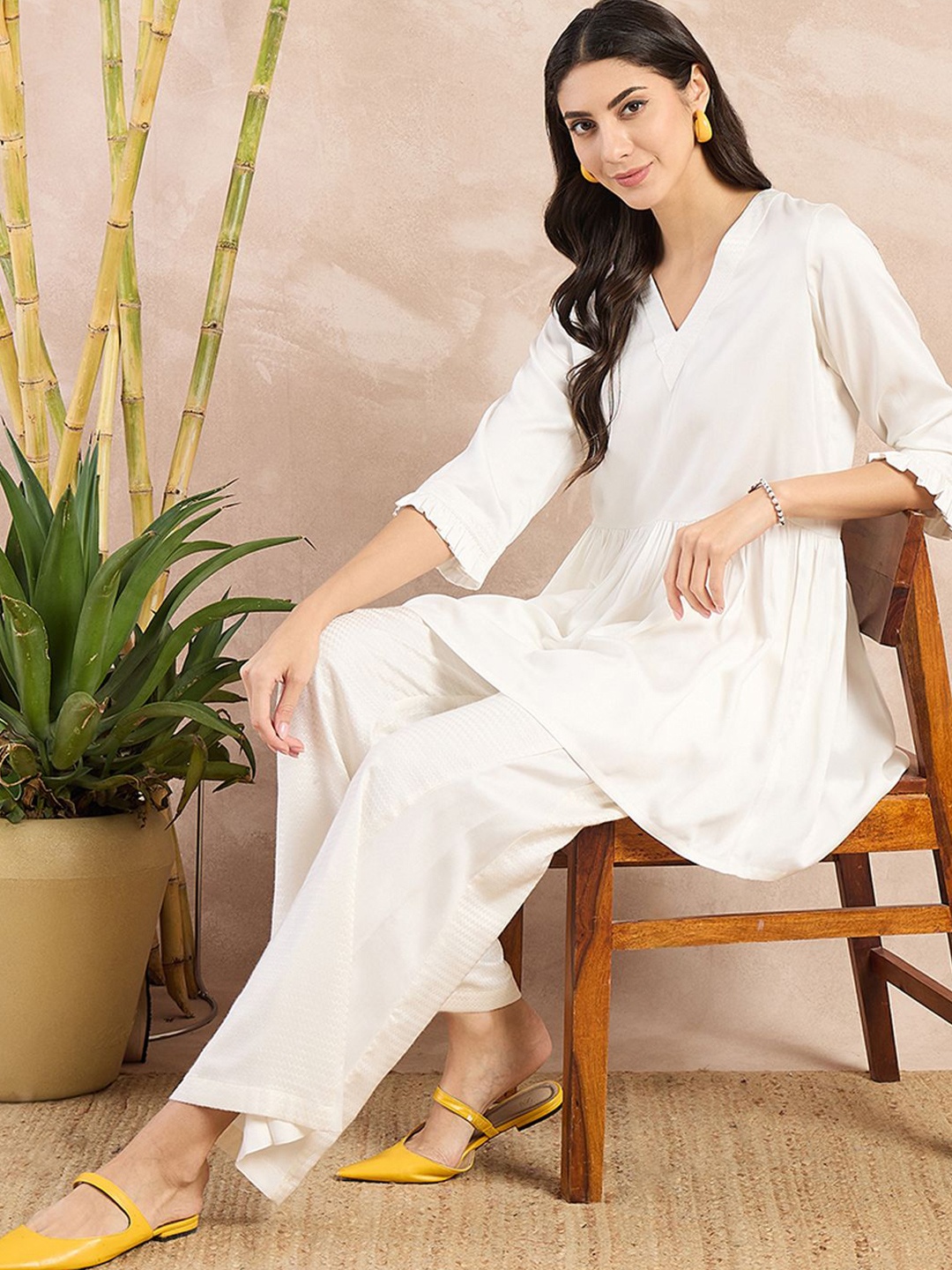 

First Resort by Ramola Bachchan Herringbone V-Neck Peplum Top, Off white