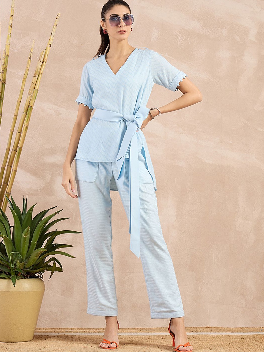 

First Resort by Ramola Bachchan Monochrome Organic Cotton Longline Top, Blue