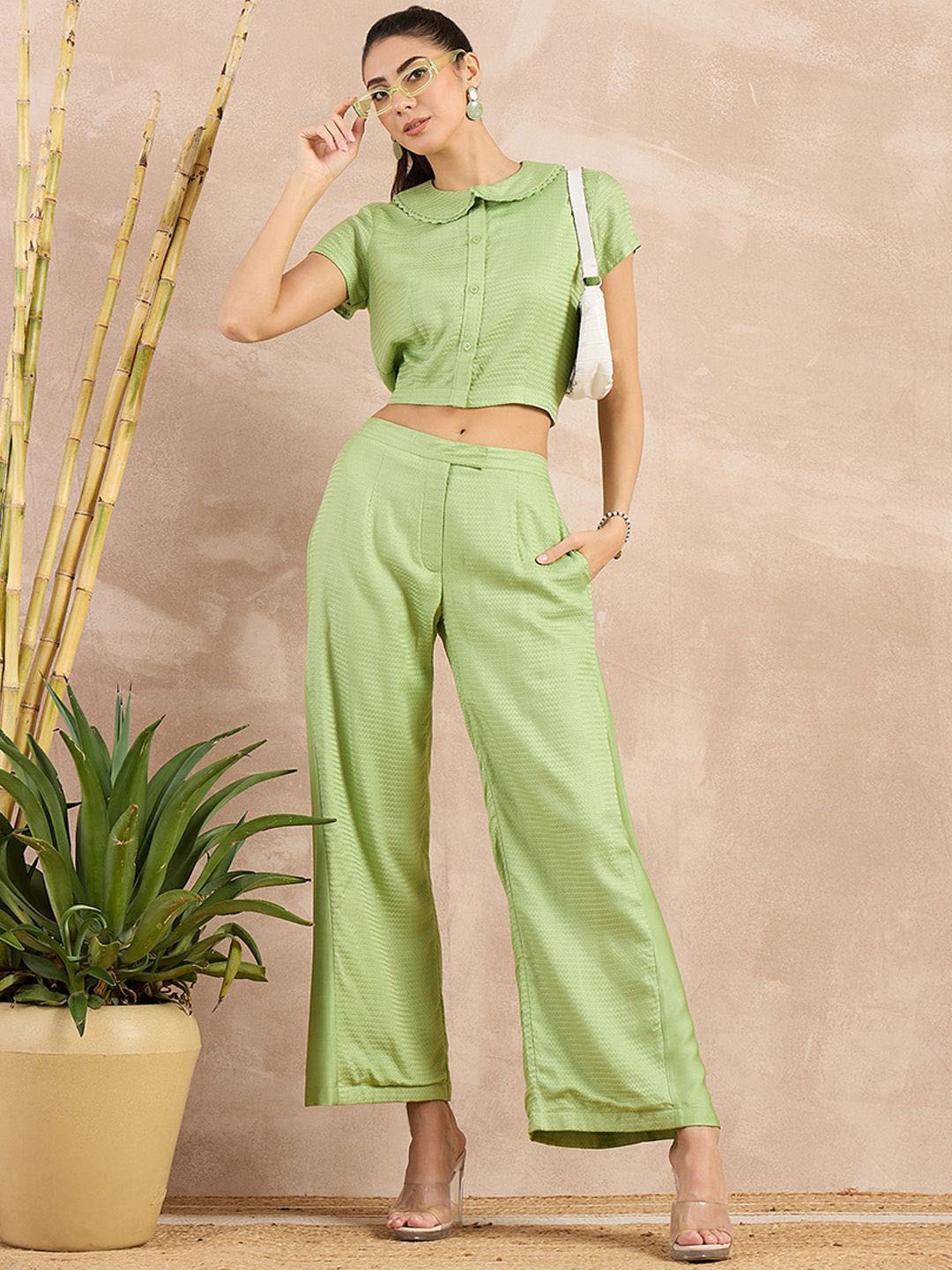 First Resort by Ramola Bachchan Women Smart Flared Pleated Trousers, Green