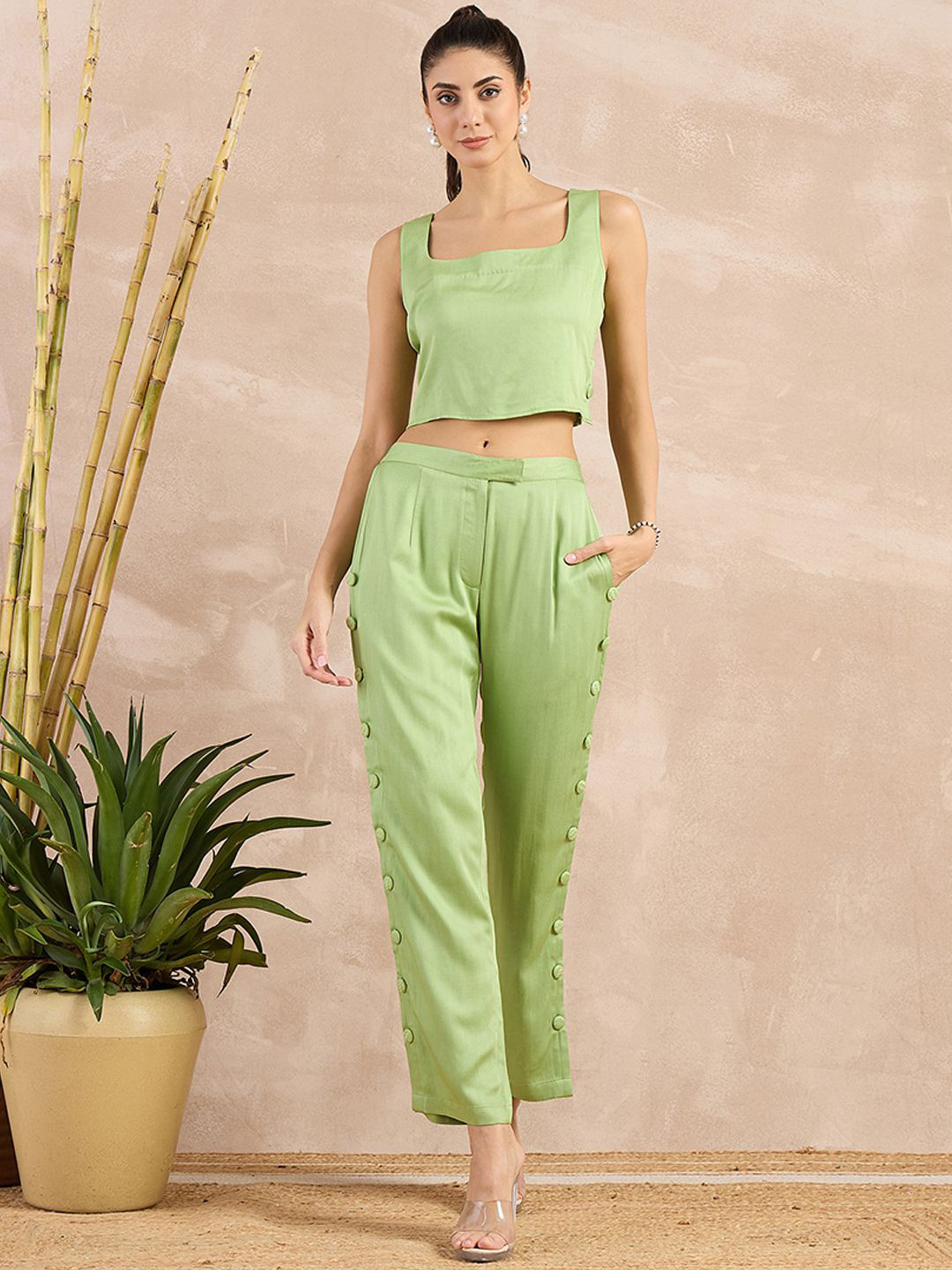 

First Resort by Ramola Bachchan Women Smart Straight Fit Trousers, Green