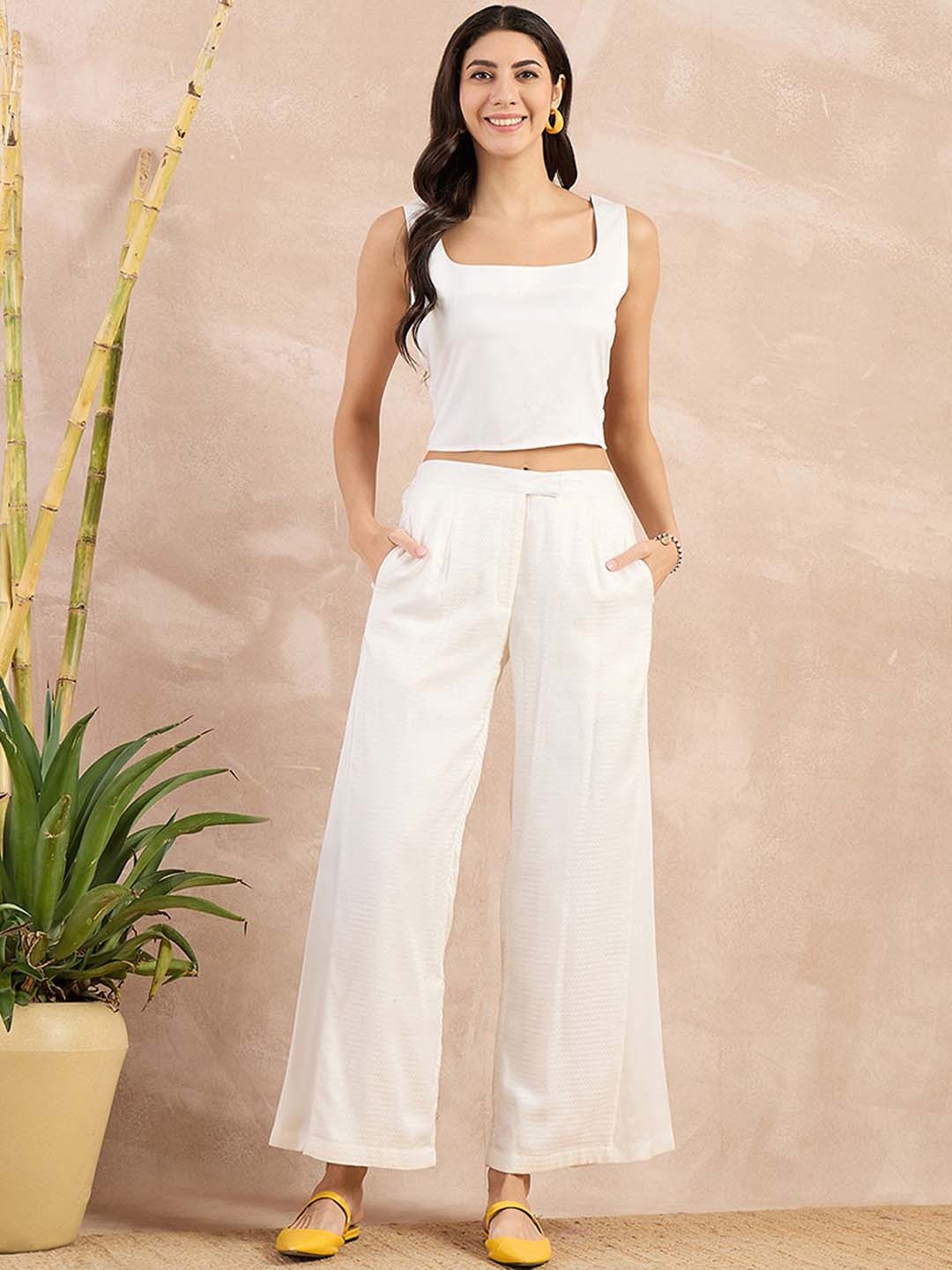 

First Resort by Ramola Bachchan Women Smart Flared Trousers, Off white