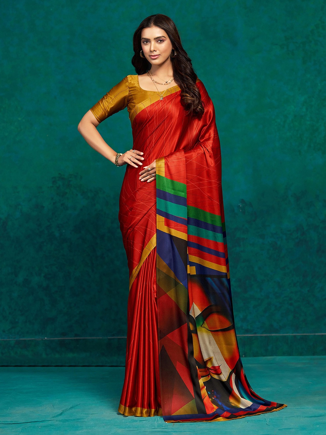 

RACHNA Ethnic Motifs Satin Ready to Wear Saree, Red