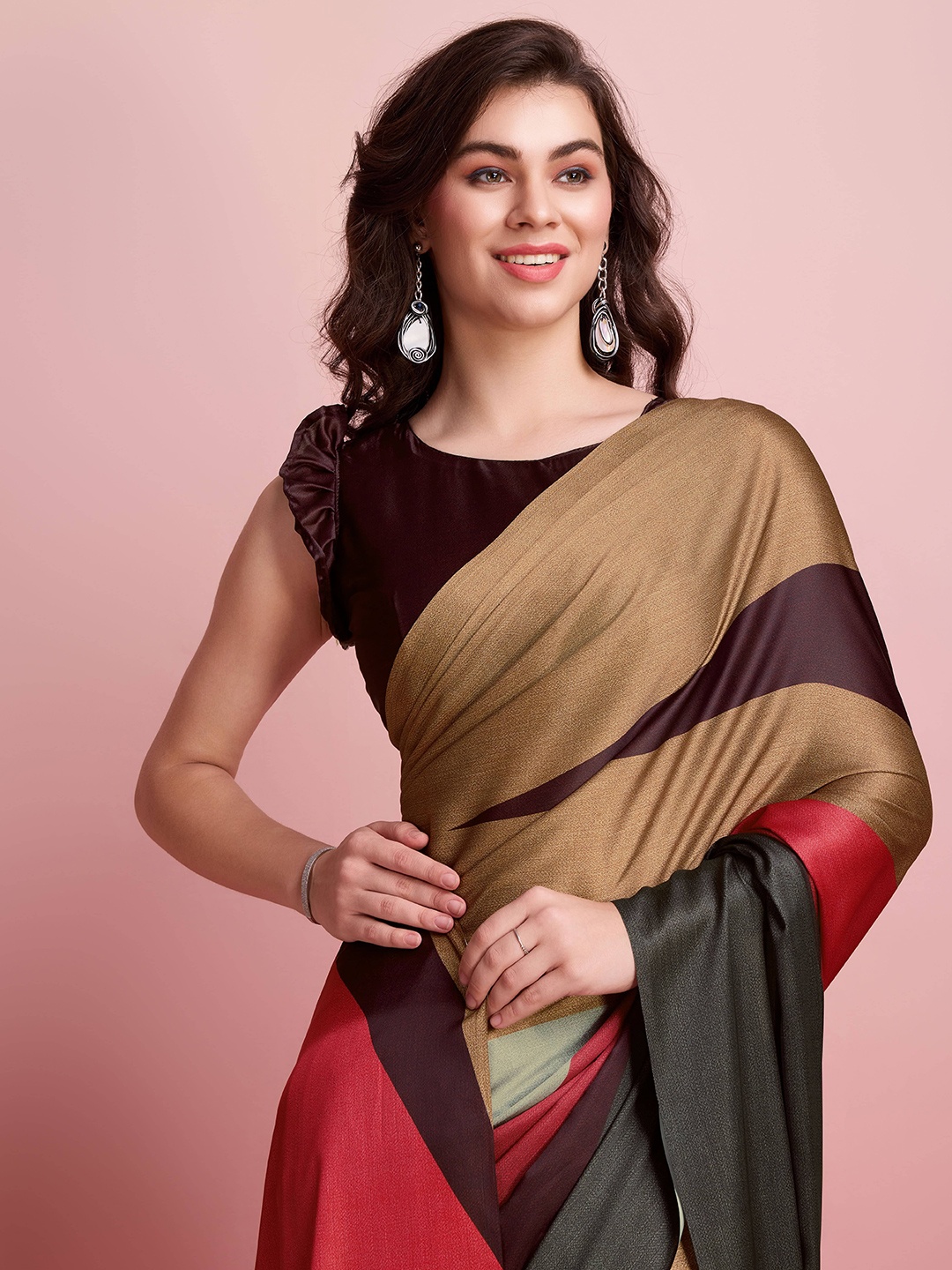 

RACHNA Satin Ready to Wear Saree, Brown