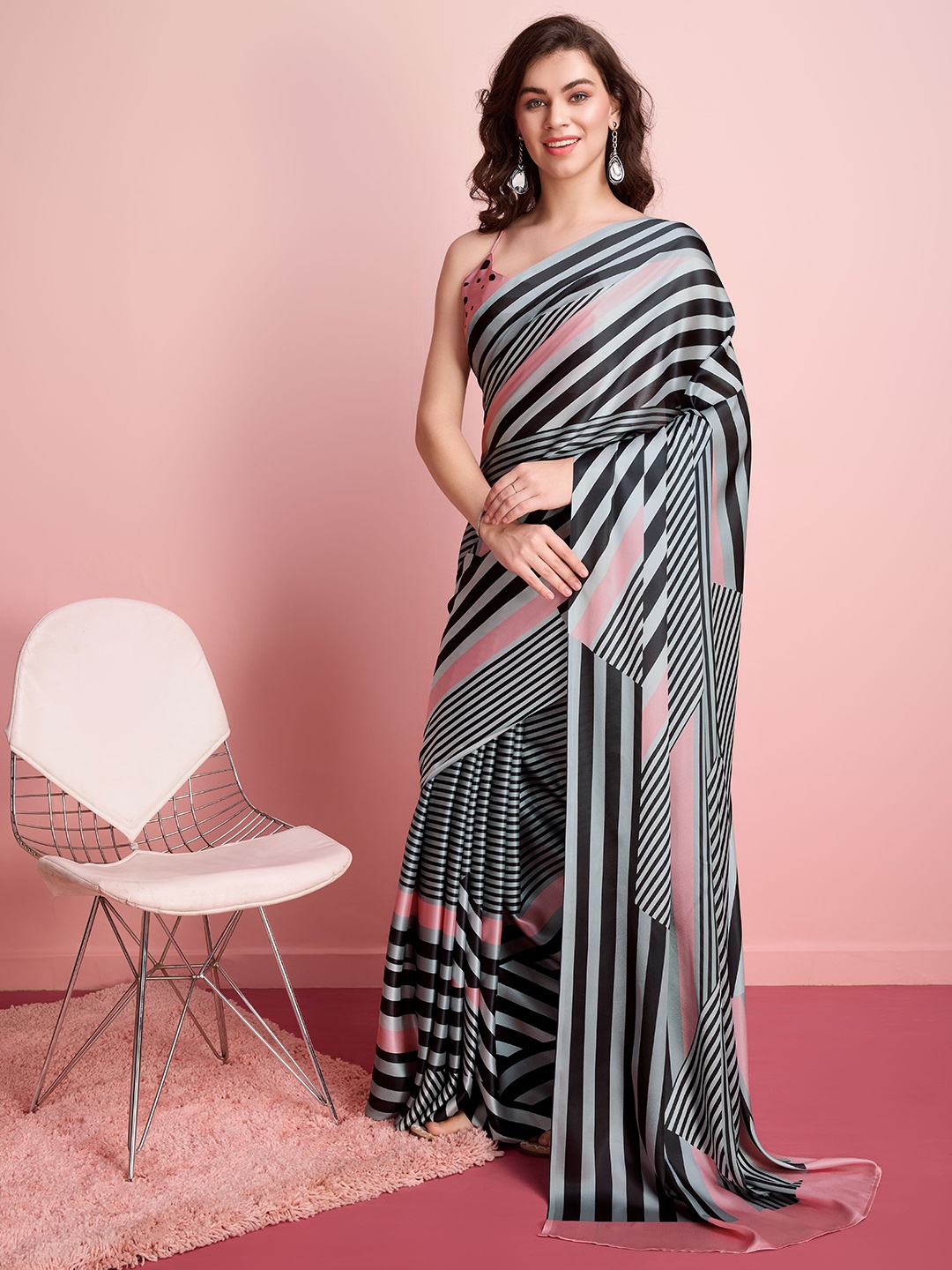 

RACHNA Striped Satin Ready to Wear Saree, Grey