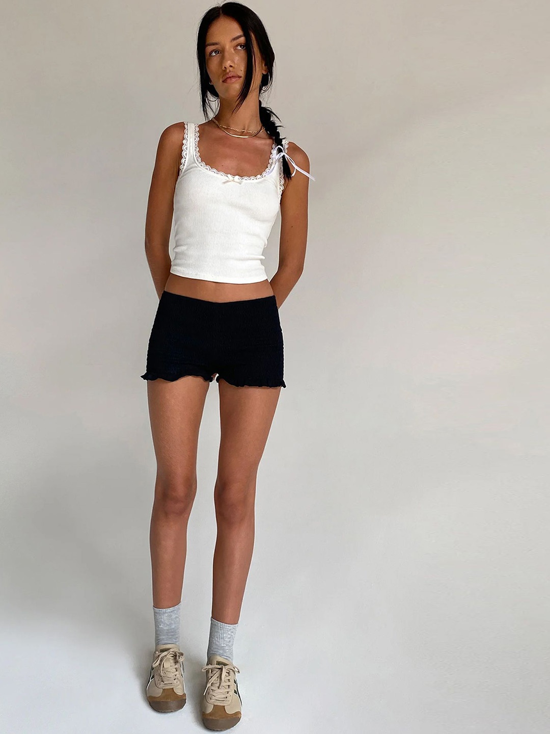 

LULU & SKY Women Self Design Smocked Low Rise Slim Fit Shorts, Black