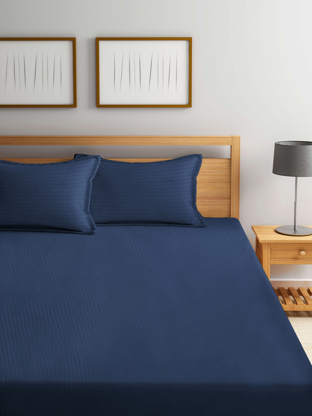 

FABINALIV Navy Blue Striped 300 TC Breathable King Bedsheet With 2 Pillow Covers