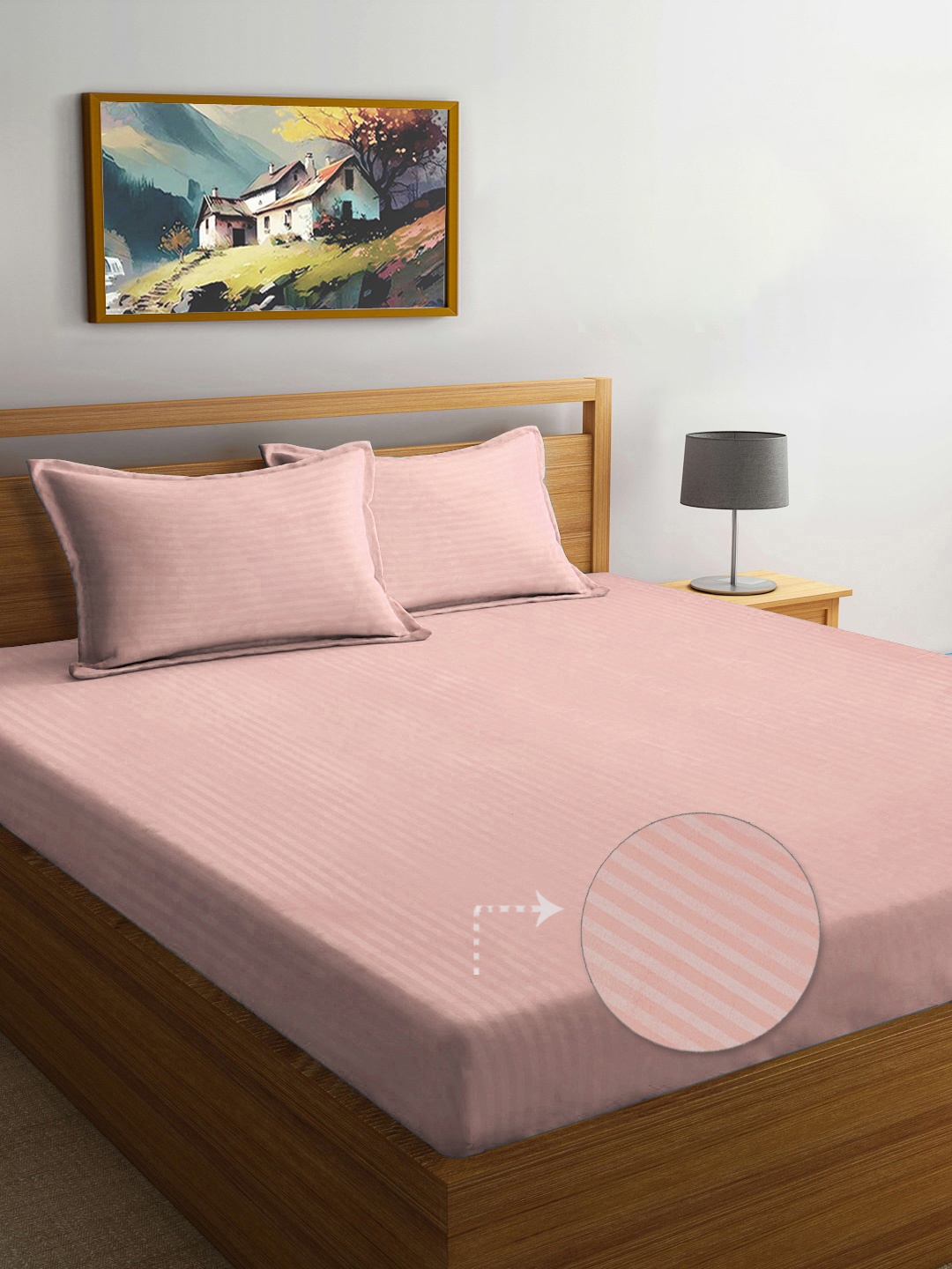 

FABINALIV Peach-Coloured & White Striped 300 TC Breathable King Bedsheet & 2 Pillow Covers