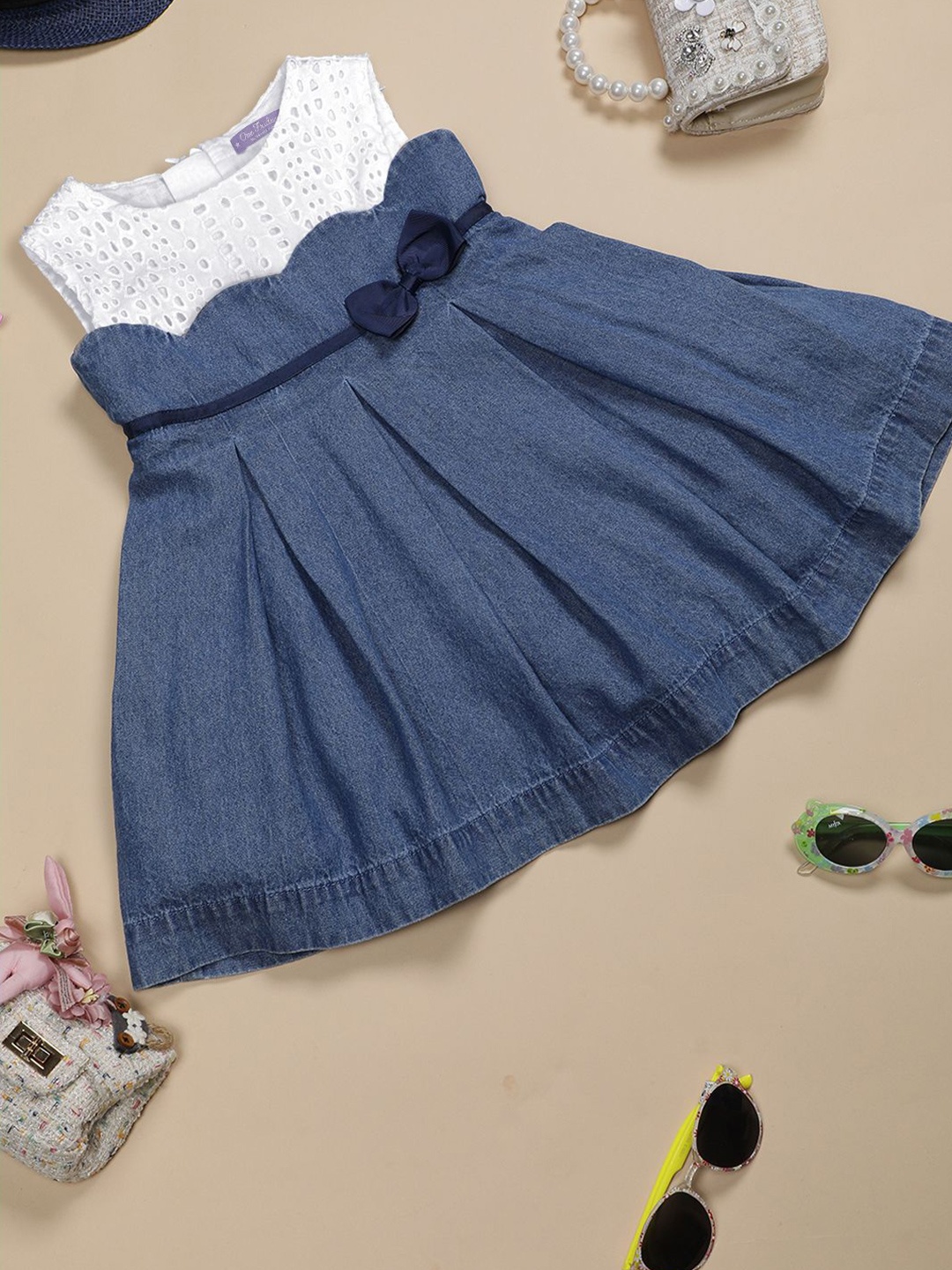 

One Friday Girls Cotton Polka Dot Print Denim Fit & Flare Dress, Blue