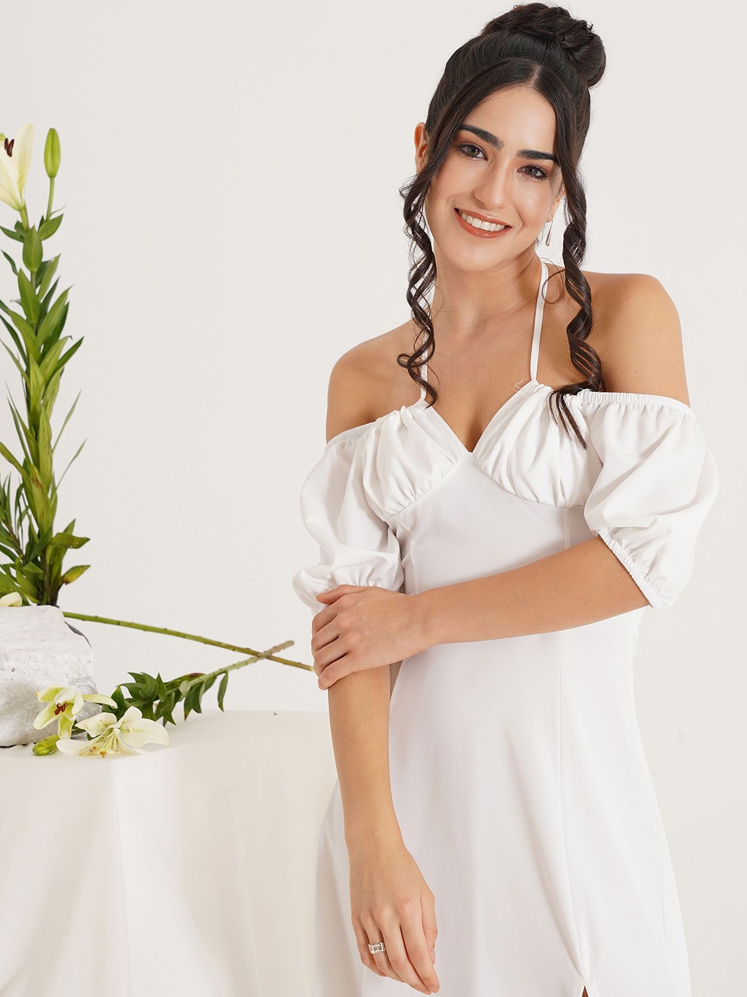 

PRIZO Puff Sleeve A-Line Dress, White