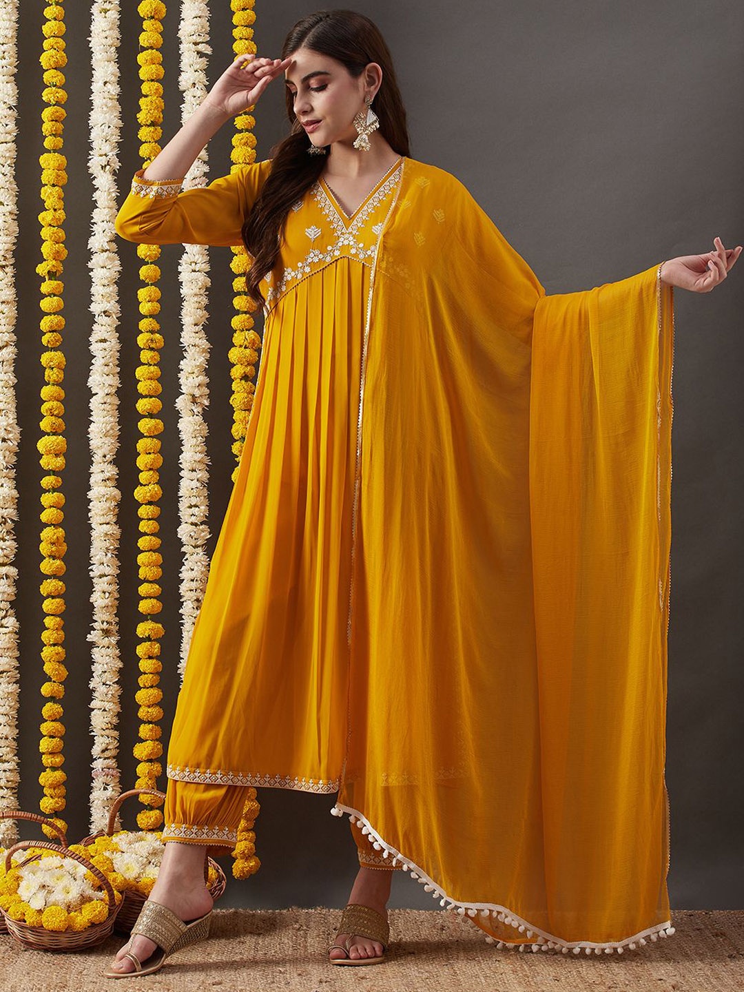 

RAJGRANTH Floral Embroidered Anarkali Kurta & Harem Pants With Dupatta, Mustard