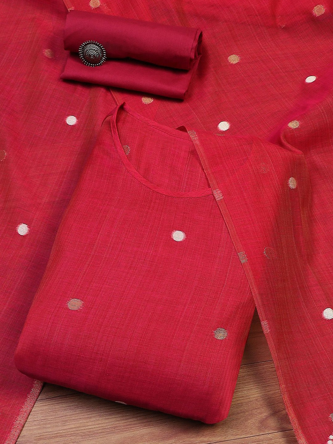

Biba Polka Dots Embroidered Zari Work Unstitched Dress Material, Red