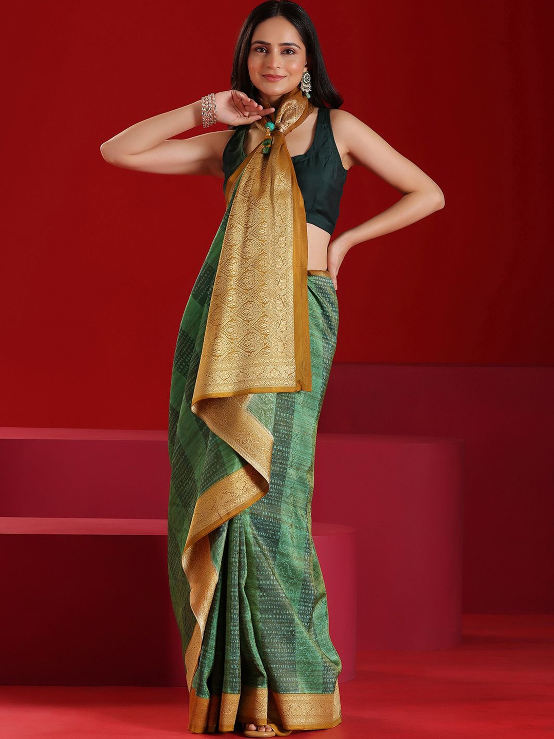 

Libas Art Ethnic Motif Zari Woven Tassel Saree, Green