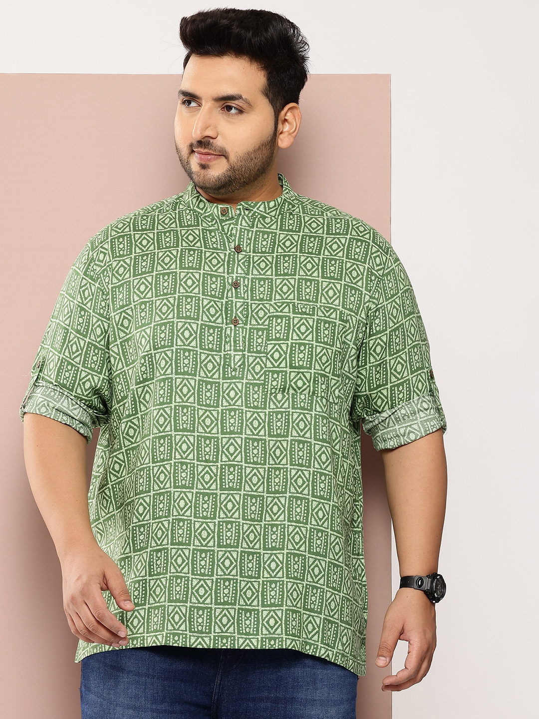 

Sztori Men Plus Size Classic Printed Mandarin Collar Casual Shirt, Green