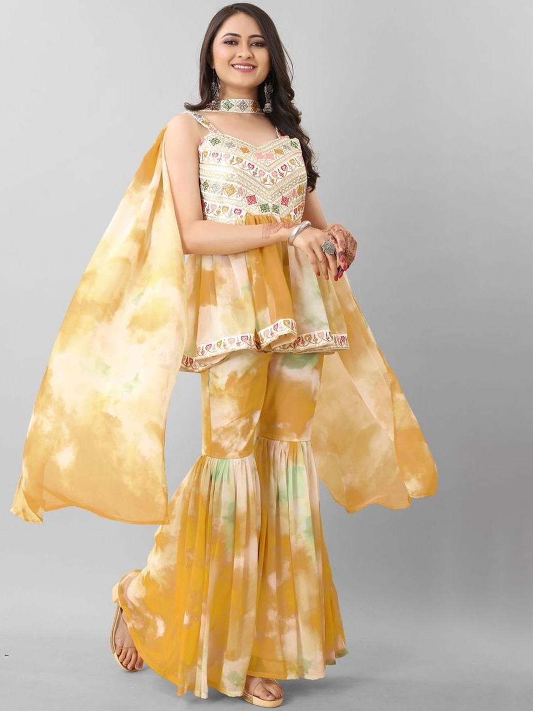 

Fashion Basket Printed Empire Thread Work Anarkali Kurta With Sharara & Dupatta, Yellow